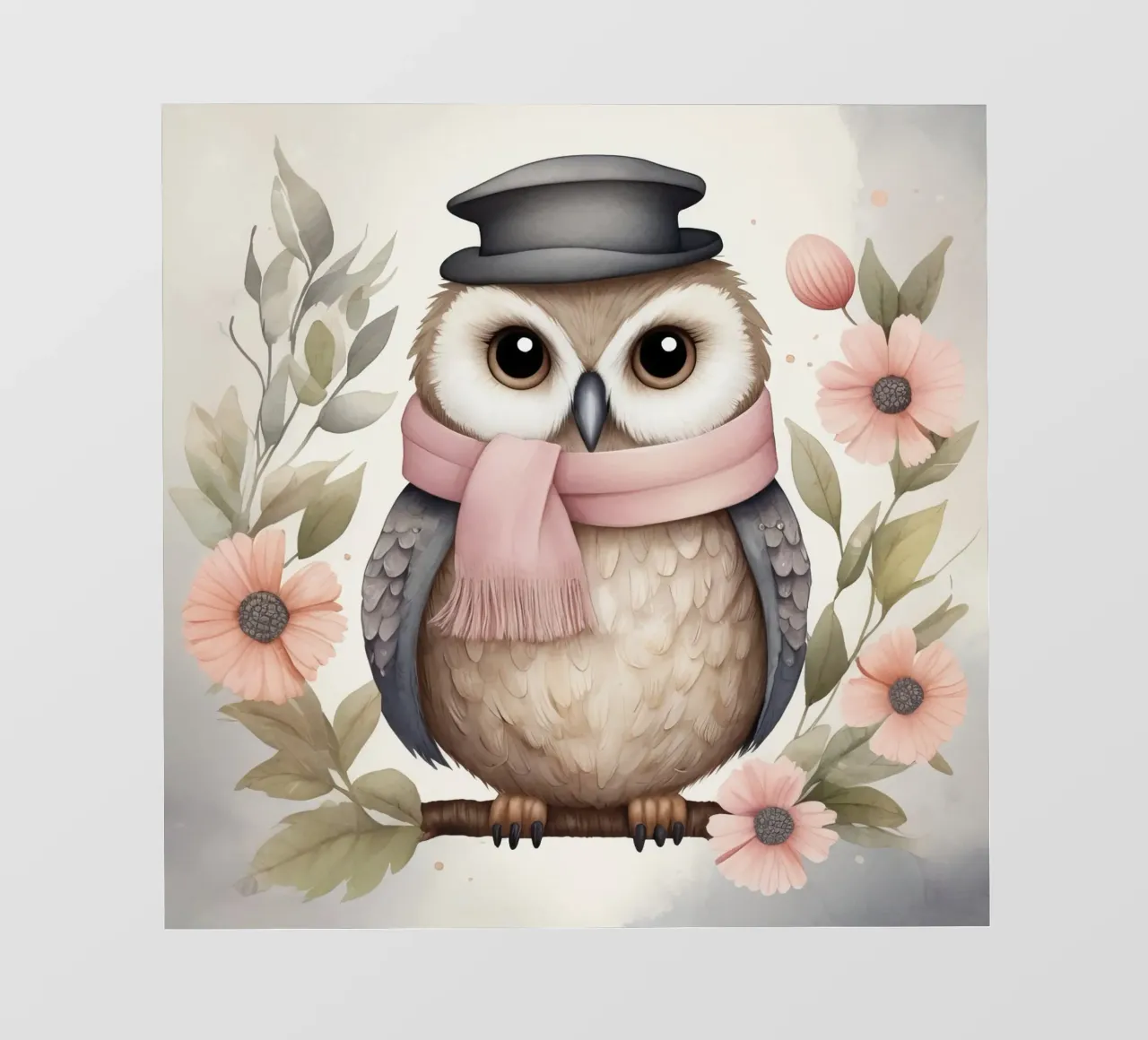 Illustration of an owl on a tree branch wearing a hat pellicola backlit da ARTVI-SHOP