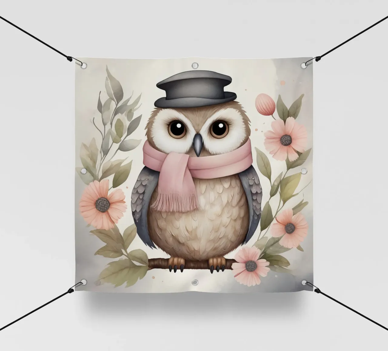 Illustration of an owl on a tree branch wearing a hat telo in pvc da ARTVI-SHOP