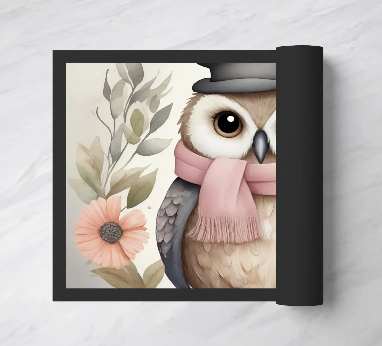 Illustration of an owl on a tree branch wearing a hat zerbino da ARTVI-SHOP