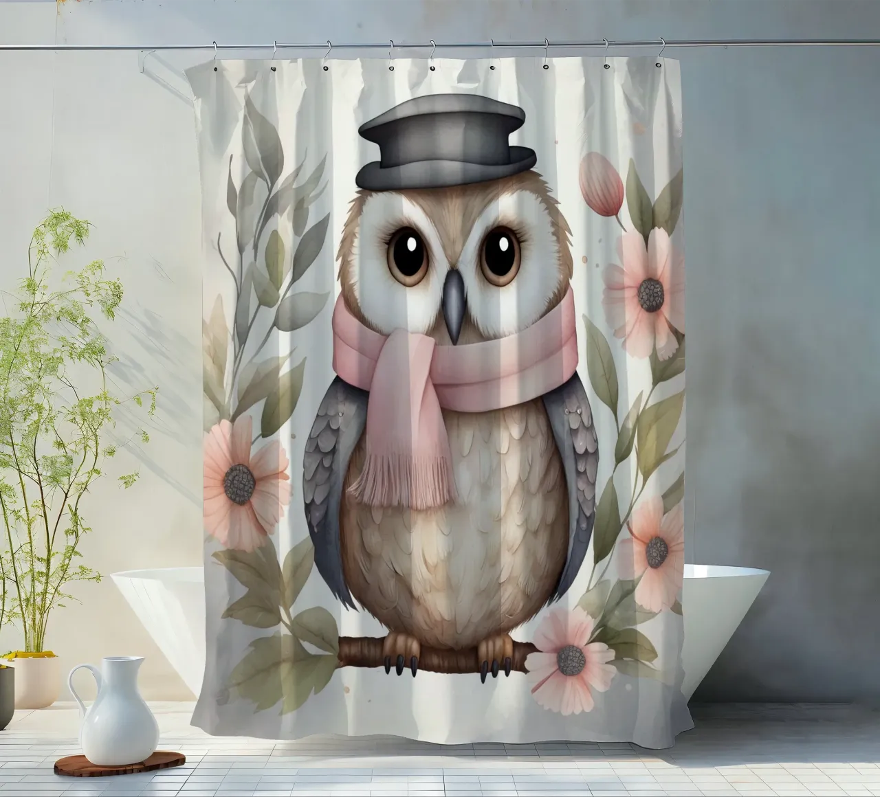 Illustration of an owl on a tree branch wearing a hat tenda da doccia da ARTVI-SHOP
