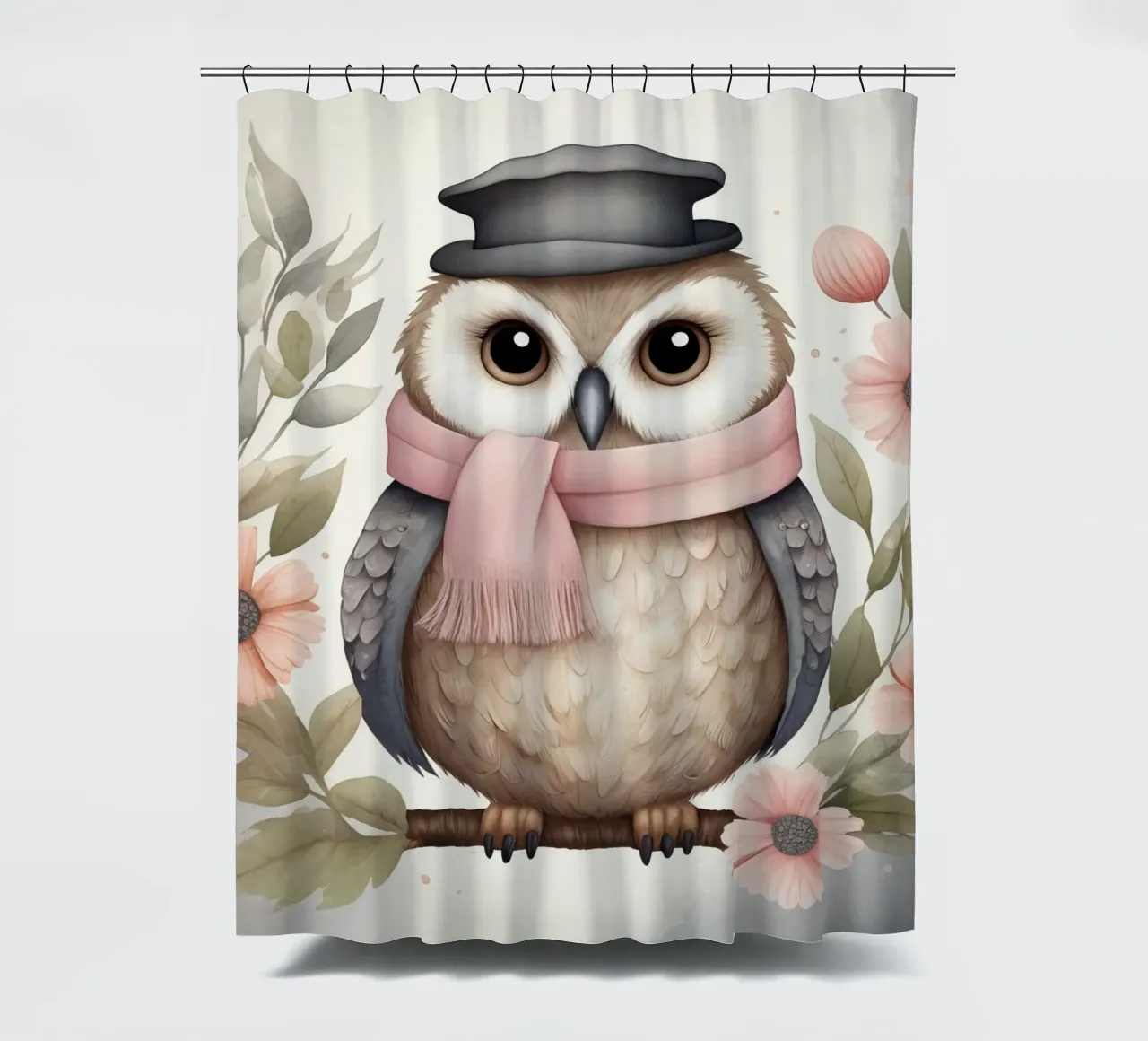 Illustration of an owl on a tree branch wearing a hat tenda da doccia da ARTVI-SHOP