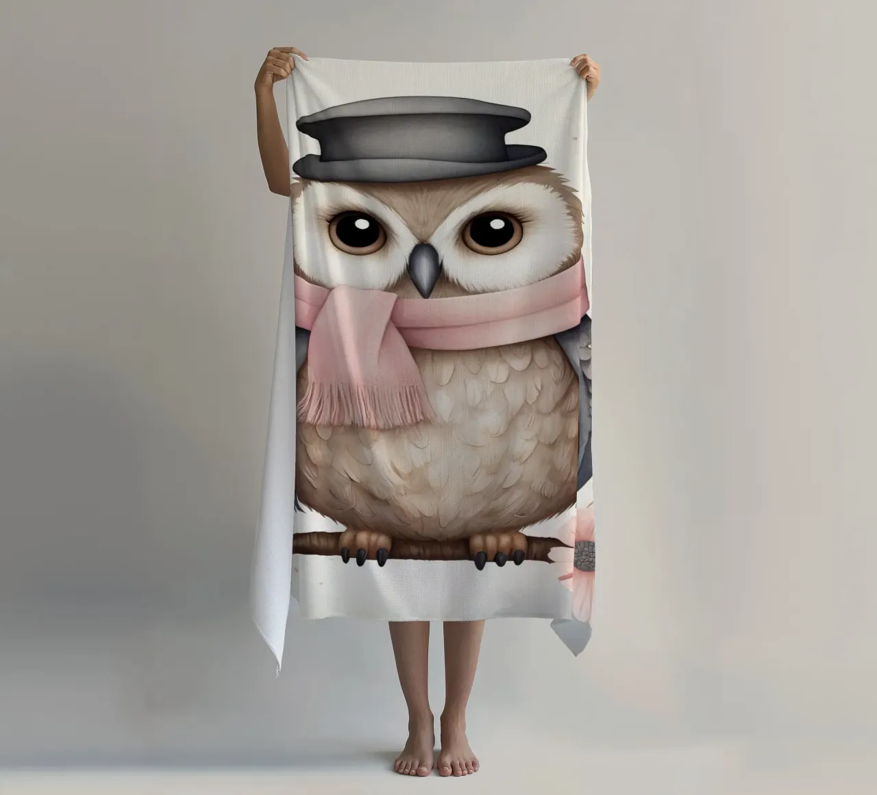 Illustration of an owl on a tree branch wearing a hat telo mare da ARTVI-SHOP