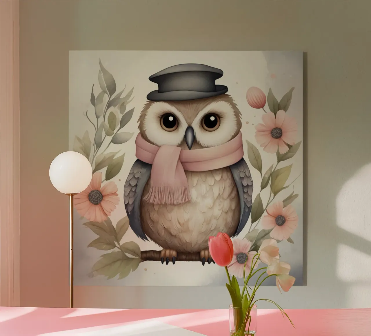 Illustration of an owl on a tree branch wearing a hat plexiglass da ARTVI-SHOP