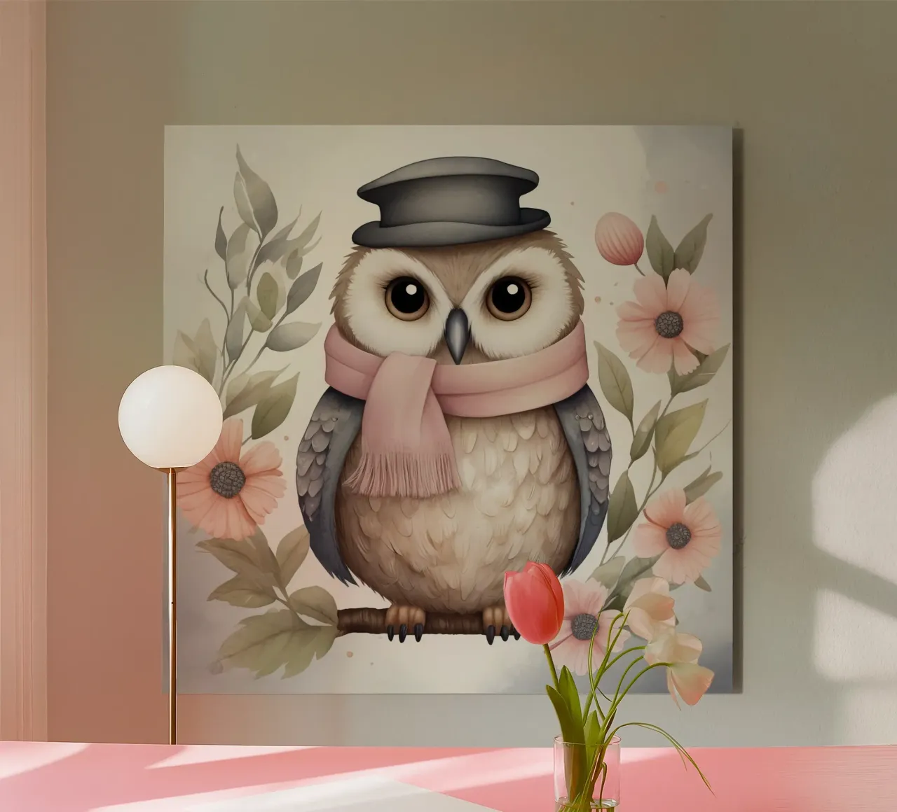 Illustration of an owl on a tree branch wearing a hat alluminio dibond da ARTVI-SHOP