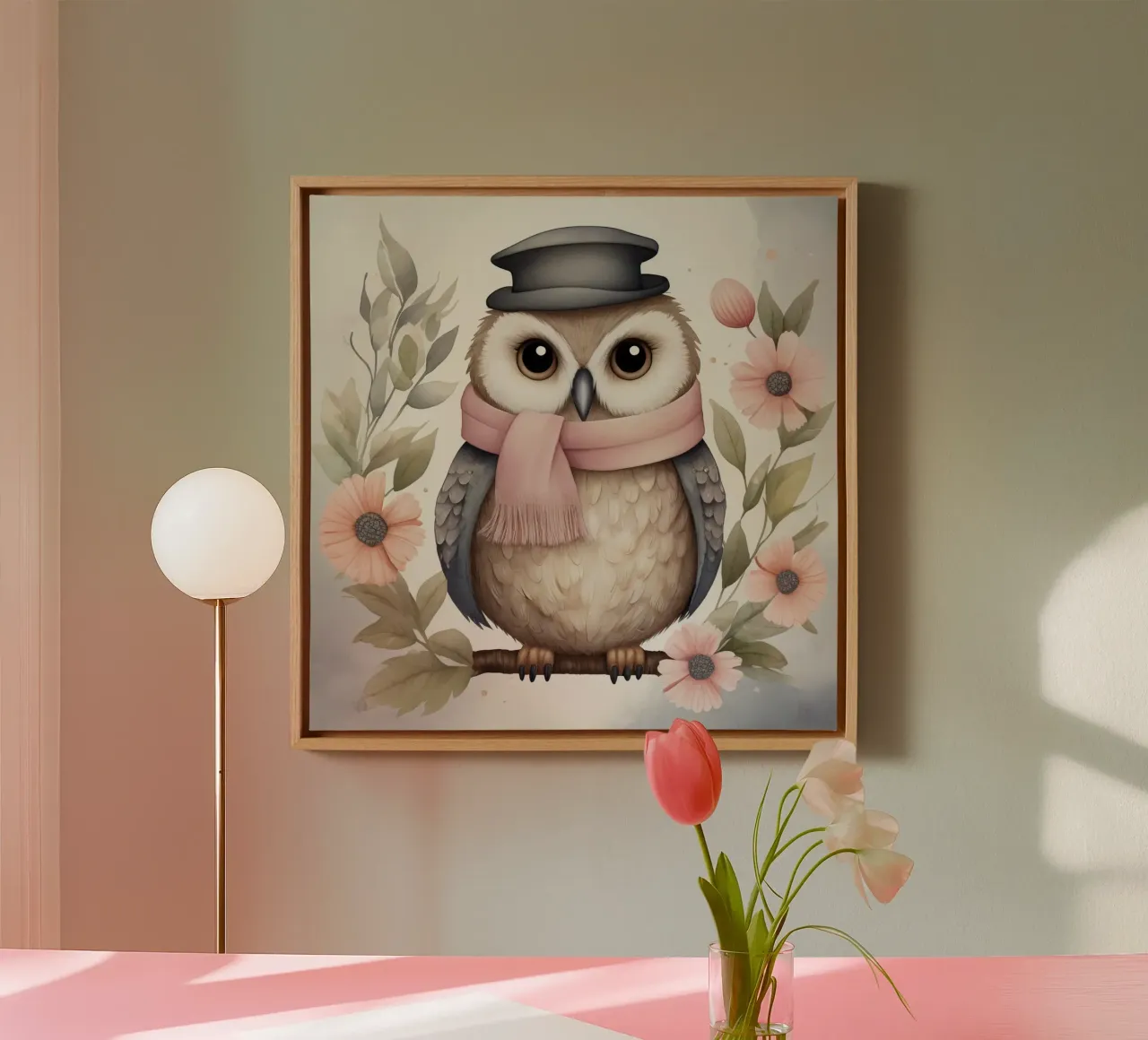 Illustration of an owl on a tree branch wearing a hat tela da 🎁 ARTVI-SHOP
