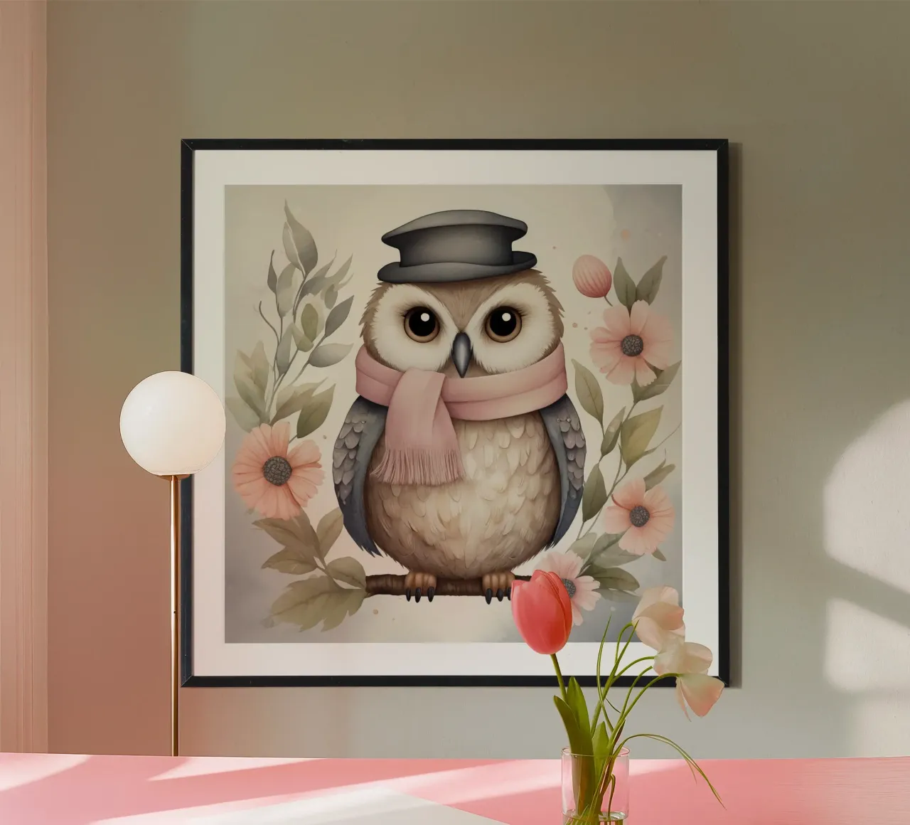 Illustration of an owl on a tree branch wearing a hat carta hahnemühle da ARTVI-SHOP