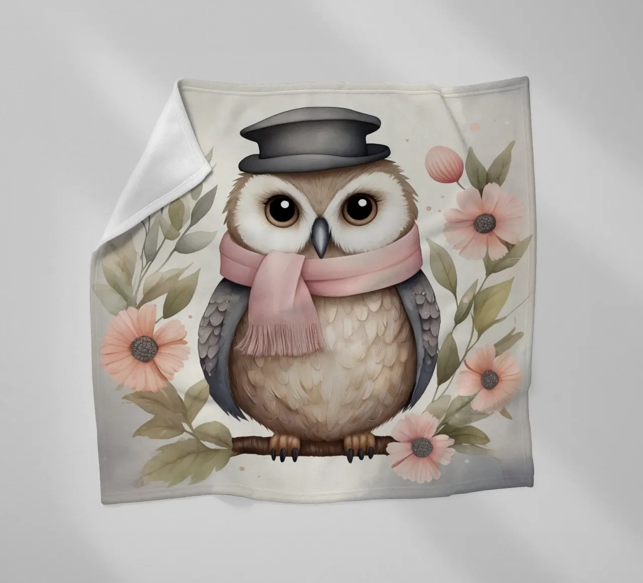 Illustration of an owl on a tree branch wearing a hat coperta in pile da ARTVI-SHOP
