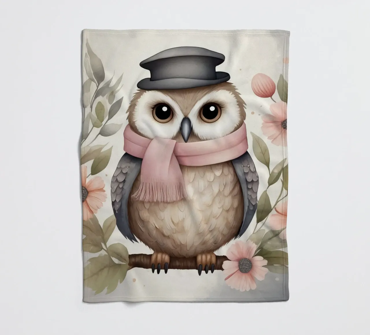 Illustration of an owl on a tree branch wearing a hat coperta in pile da ARTVI-SHOP