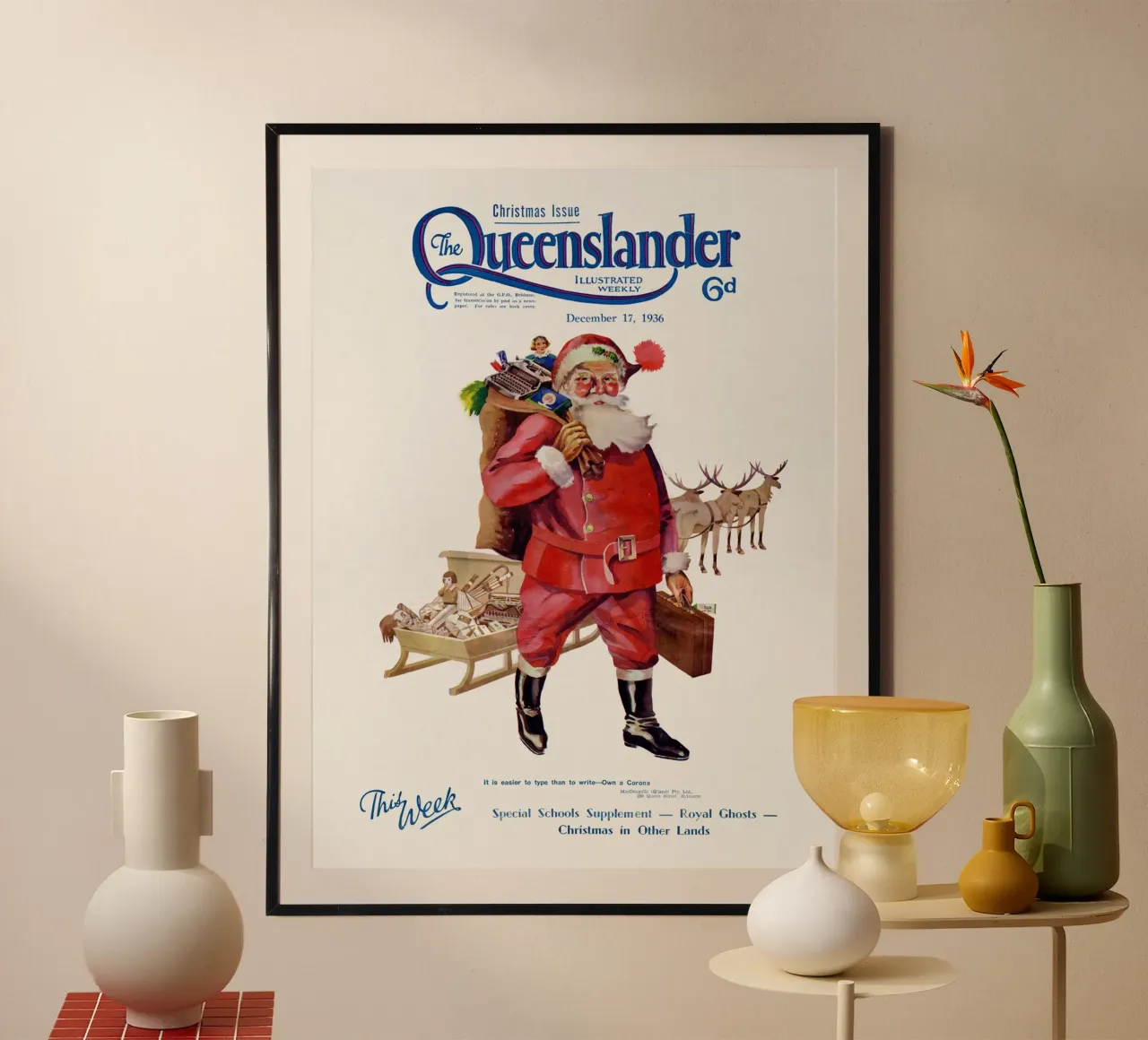 Vintage 1936 Christmas Magazine Cover-Santa Claus + Reindeer poster con telaio in legno da ChristmasMooodz