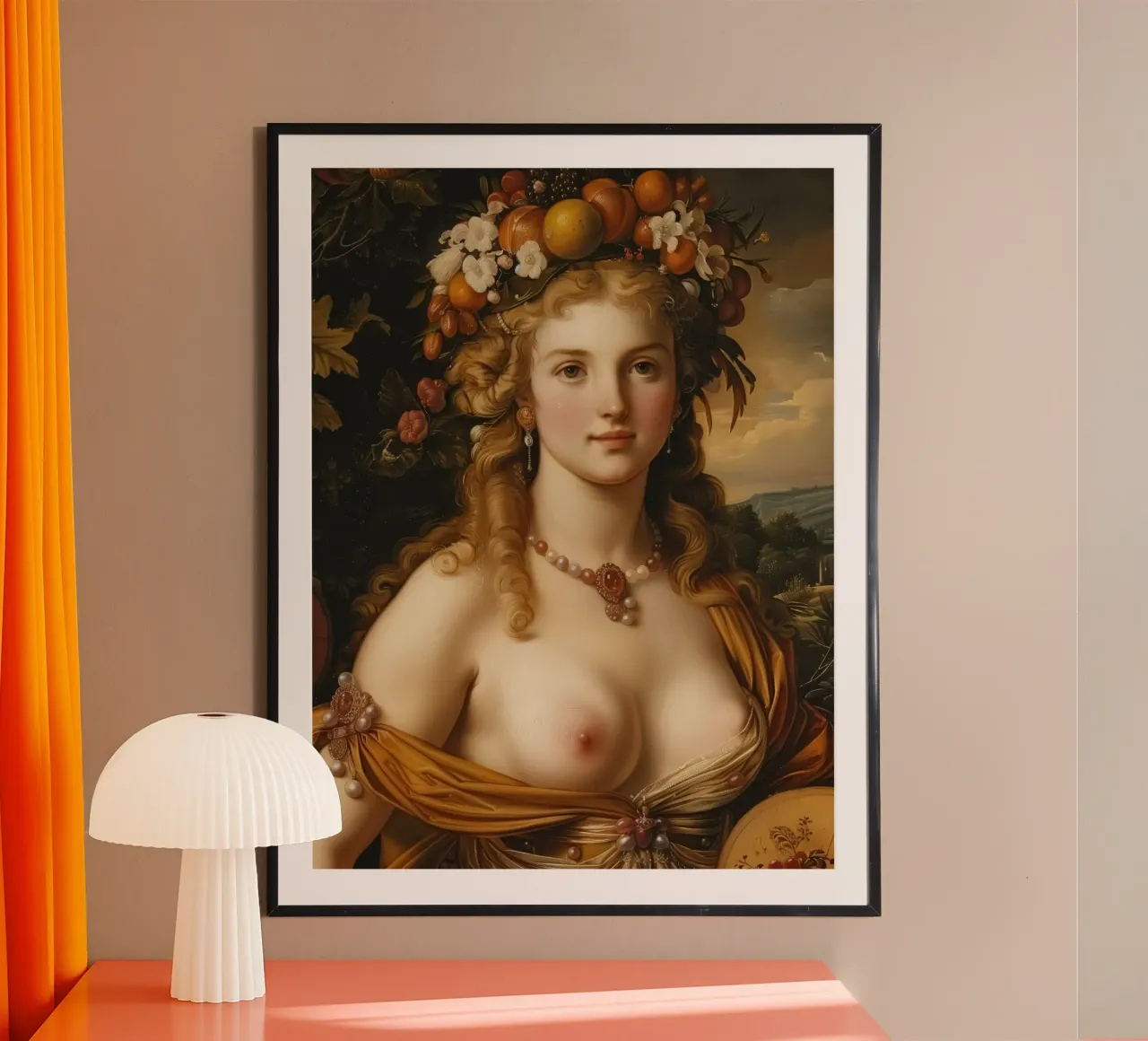 Ritratto di giovane donna in autunno nello stile degli antichi maestri poster con telaio in legno da Autofocus
