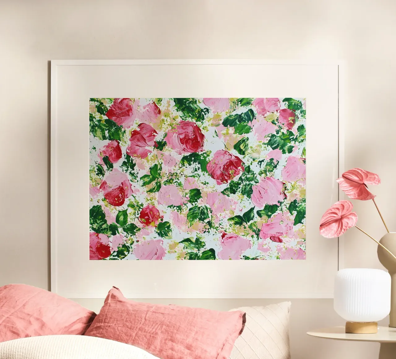 Rose astratte, rosa e verde poster con telaio in alluminio da IamHomeStudio