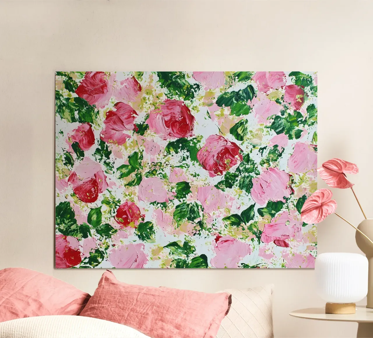 Rose astratte, rosa e verde poster con telaio in alluminio da IamHomeStudio