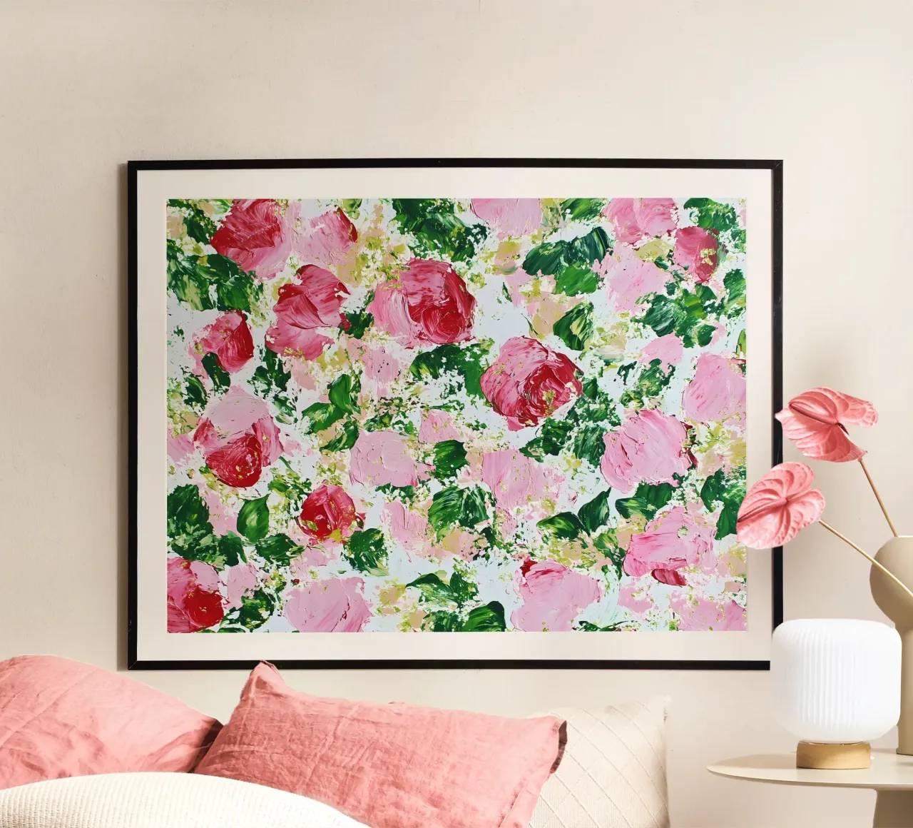 Rose astratte, rosa e verde poster con telaio in alluminio da IamHomeStudio