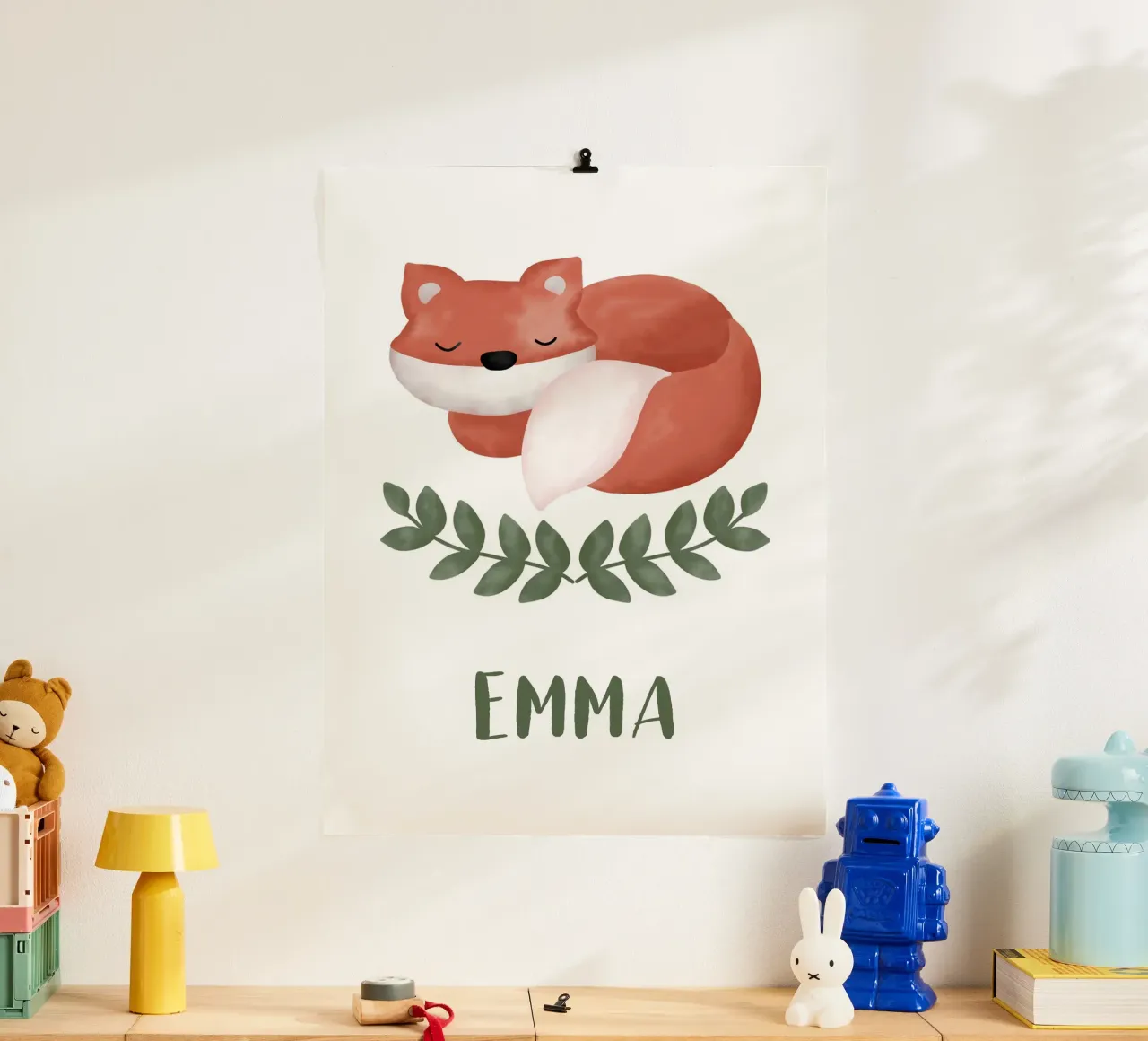 Schlafender Fuchs mit Name carta hahnemühle da BAINAI KIDS