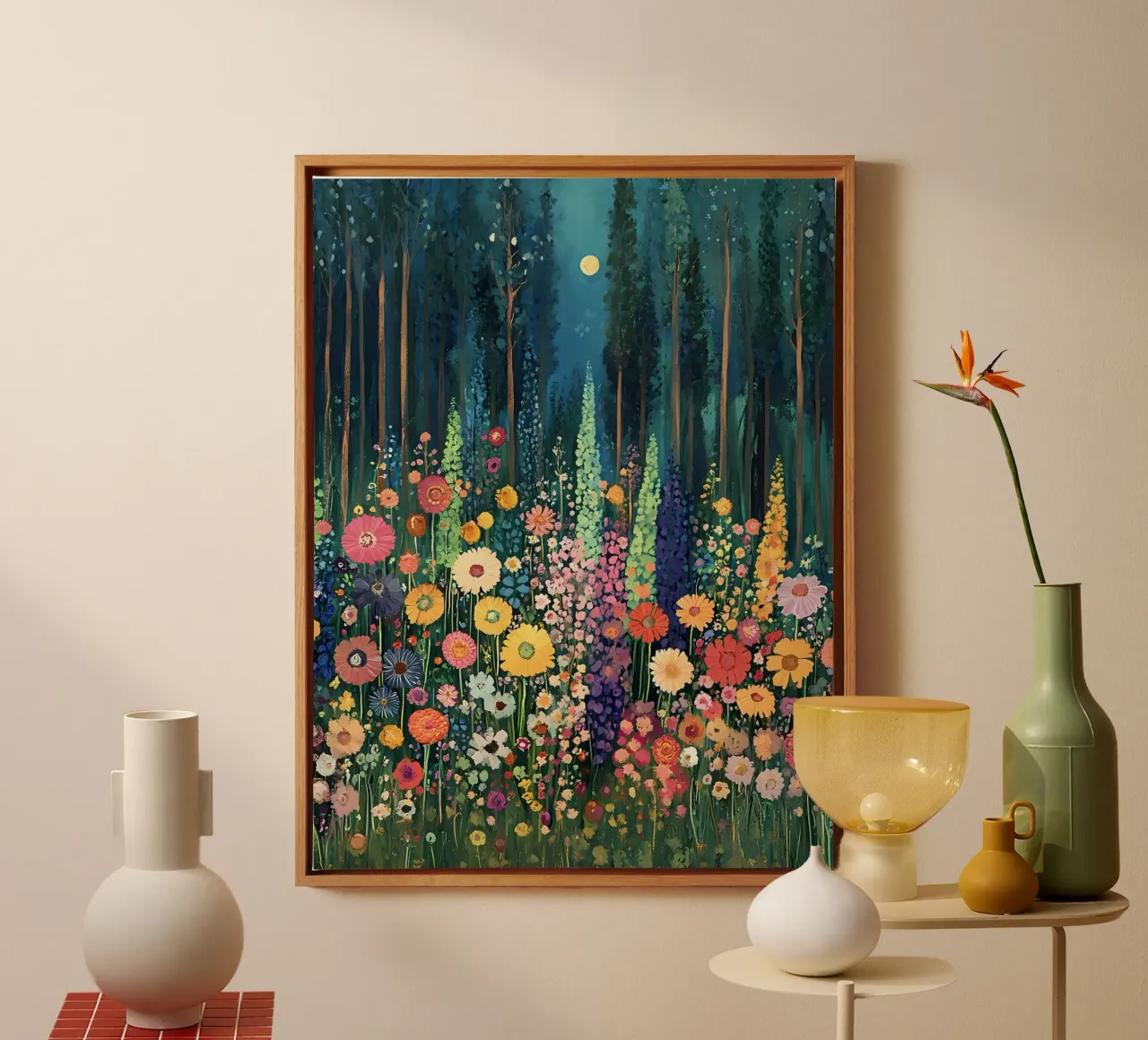Pradera de flores silvestres a la luz de la luna lienzo con Marco flotante de IamHomeStudio
