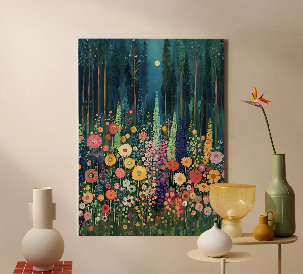 Pradera de flores silvestres a la luz de la luna lienzo con Marco flotante de IamHomeStudio