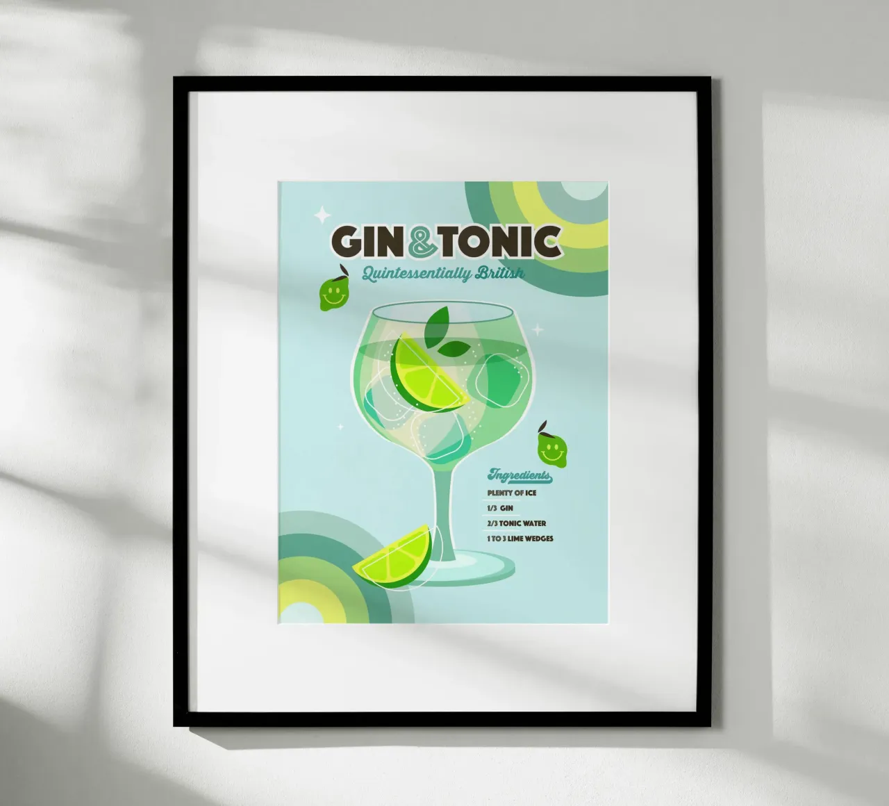 Gin & Tonic • Retro Minimalist British Cocktail Art on blue poster with plastic frame by Dominique Vari