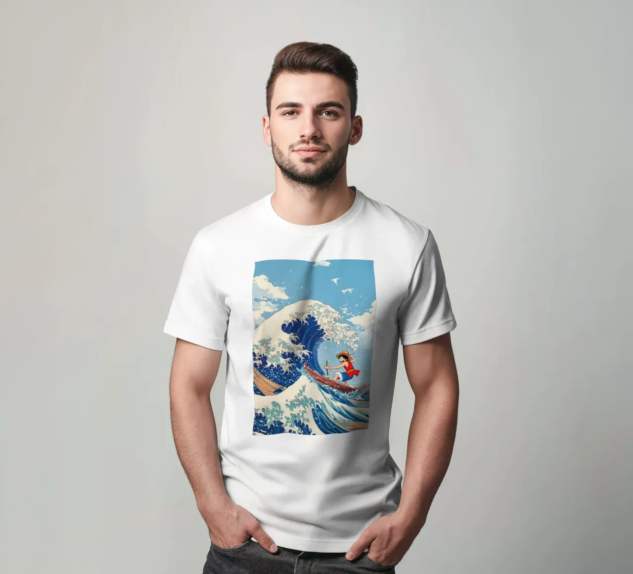 Luffy From One Piece surfing on The Great Wave off Kanagawa t-shirt da CreativeStudio