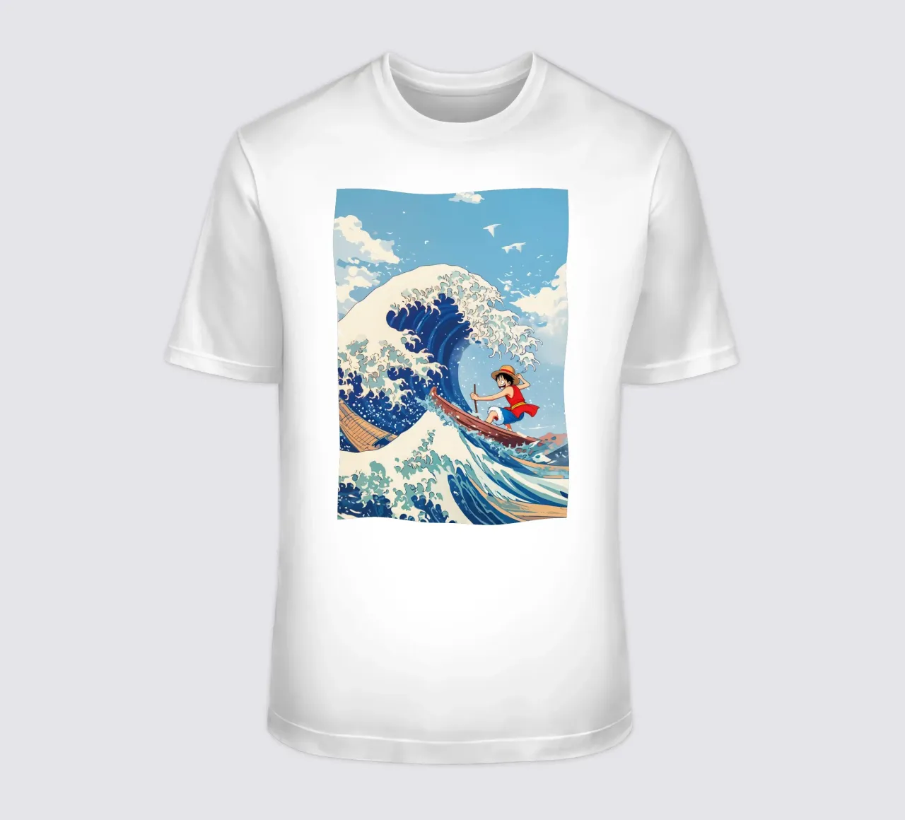 Luffy From One Piece surfing on The Great Wave off Kanagawa t-shirt da CreativeStudio