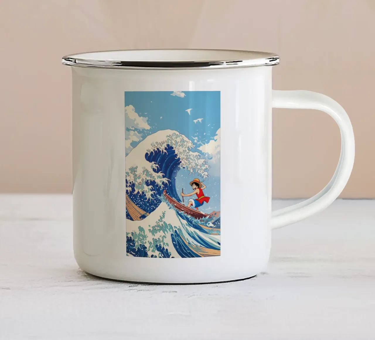Luffy From One Piece surfing on The Great Wave off Kanagawa tazza in smalto da CreativeStudio