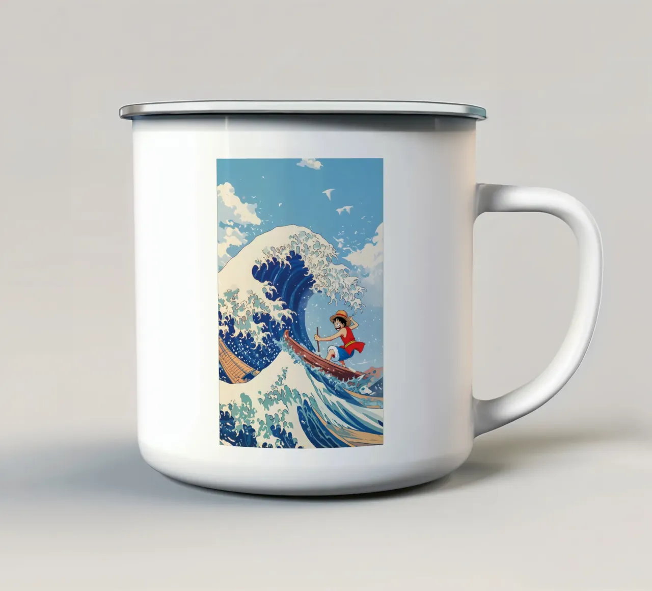 Luffy From One Piece surfing on The Great Wave off Kanagawa tazza in smalto da CreativeStudio