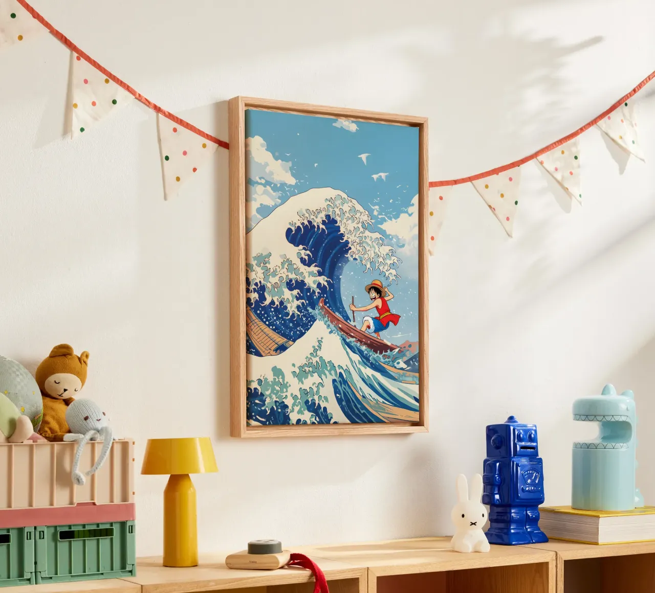 Luffy From One Piece surfing on The Great Wave off Kanagawa canvas met Baklijst van CreativeStudio