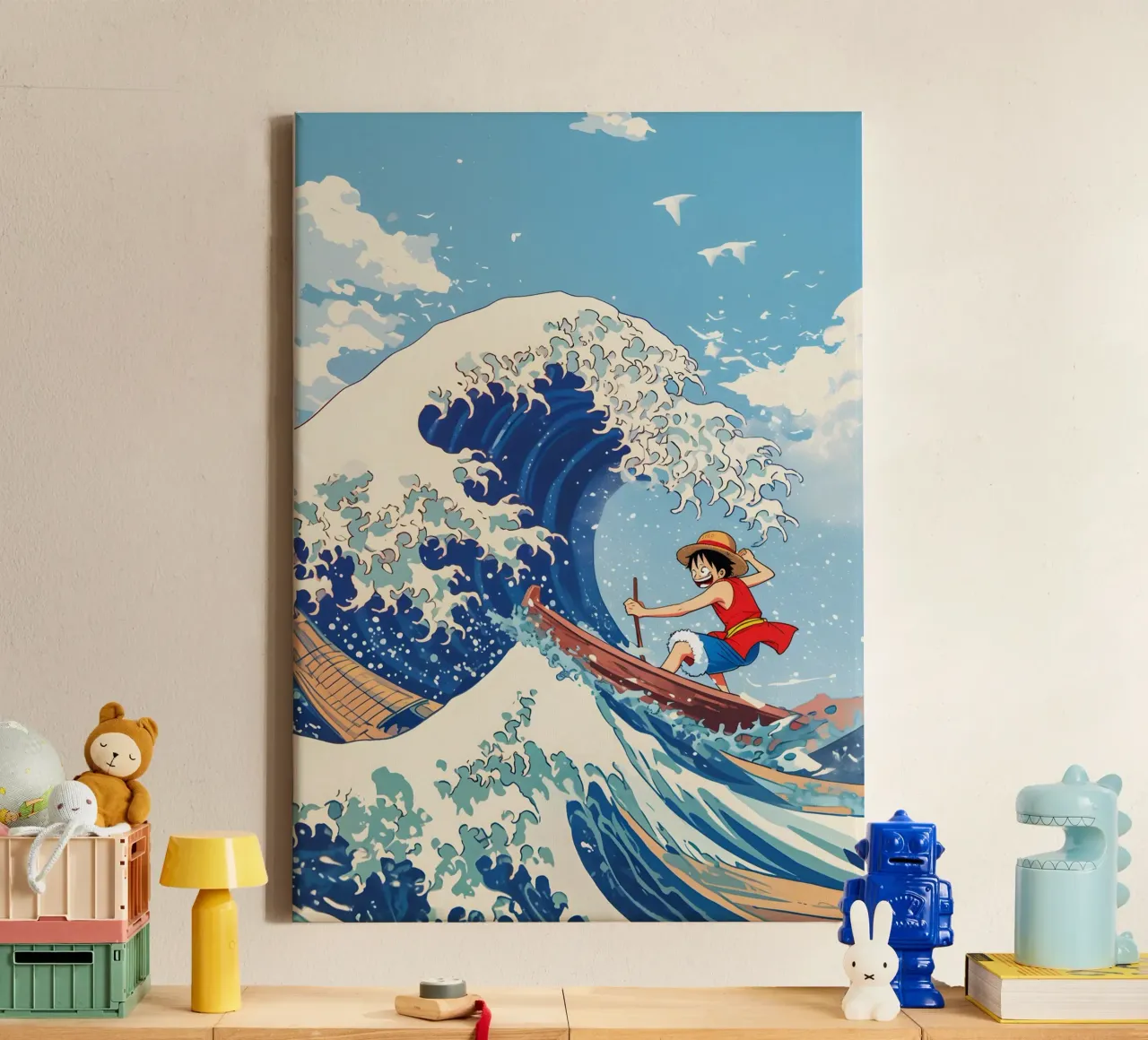Luffy From One Piece surfing on The Great Wave off Kanagawa canvas met Baklijst van CreativeStudio