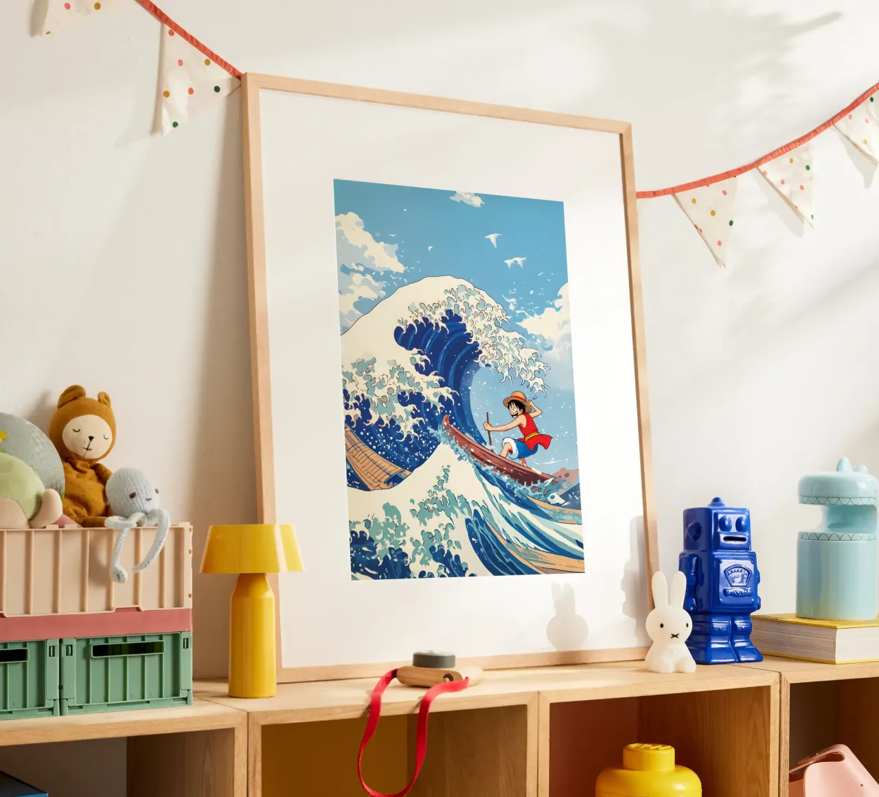 Luffy From One Piece surfing on The Great Wave off Kanagawa poster con telaio in alluminio da CreativeStudio