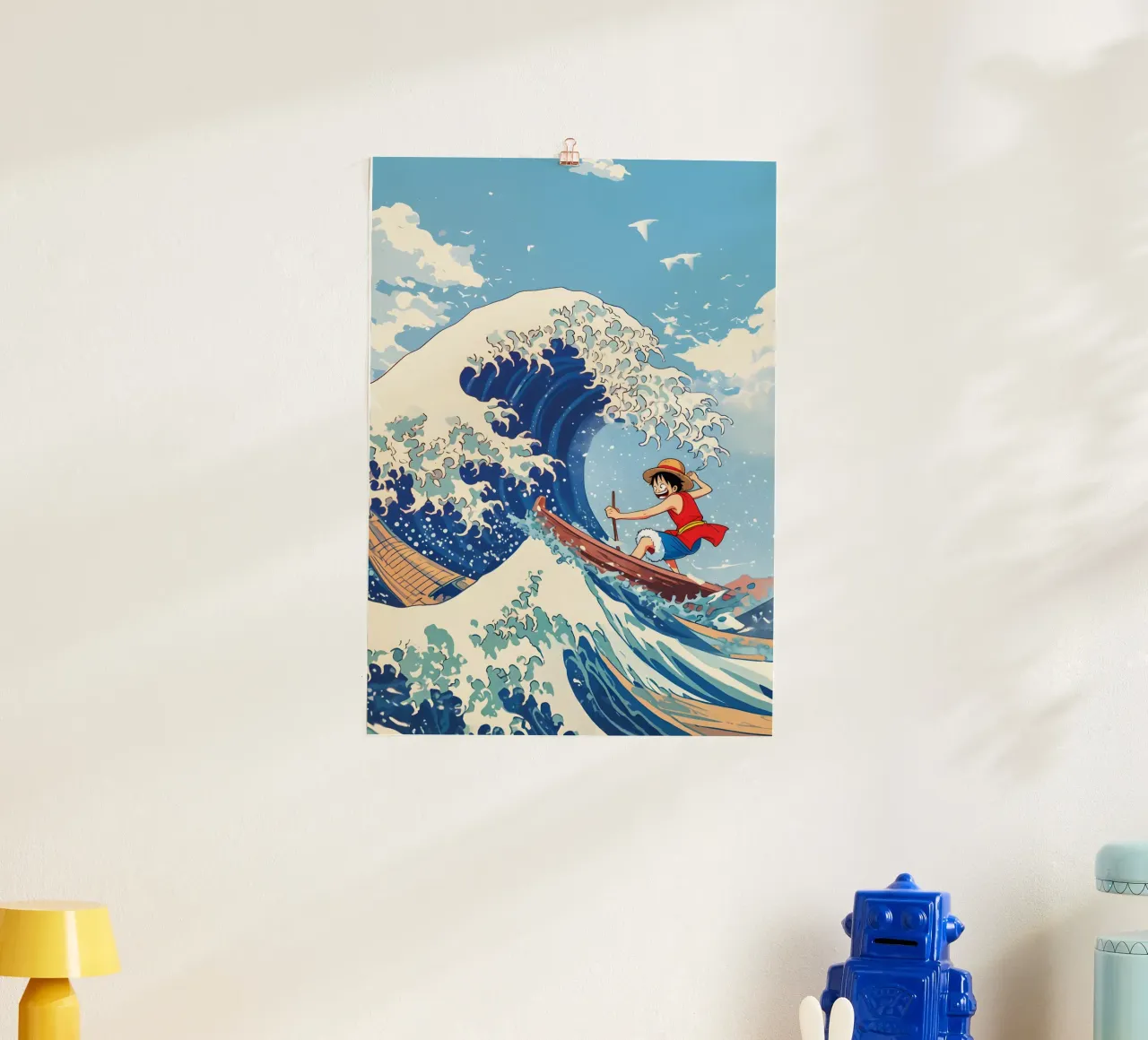Luffy From One Piece surfing on The Great Wave off Kanagawa poster con telaio in alluminio da CreativeStudio