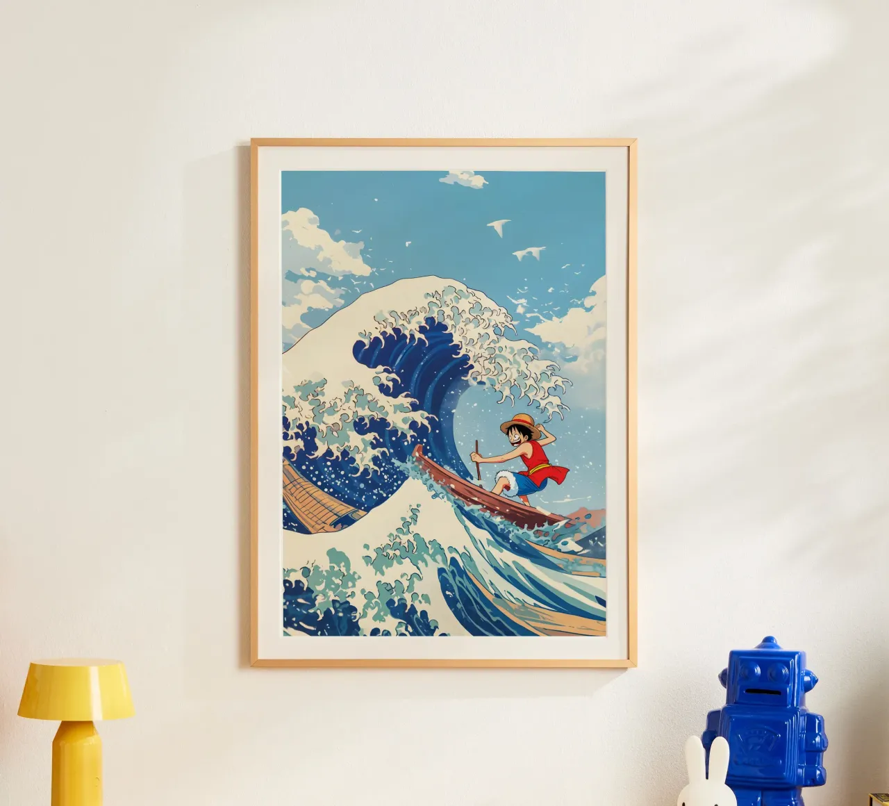 Luffy From One Piece surfing on The Great Wave off Kanagawa poster con telaio in alluminio da CreativeStudio