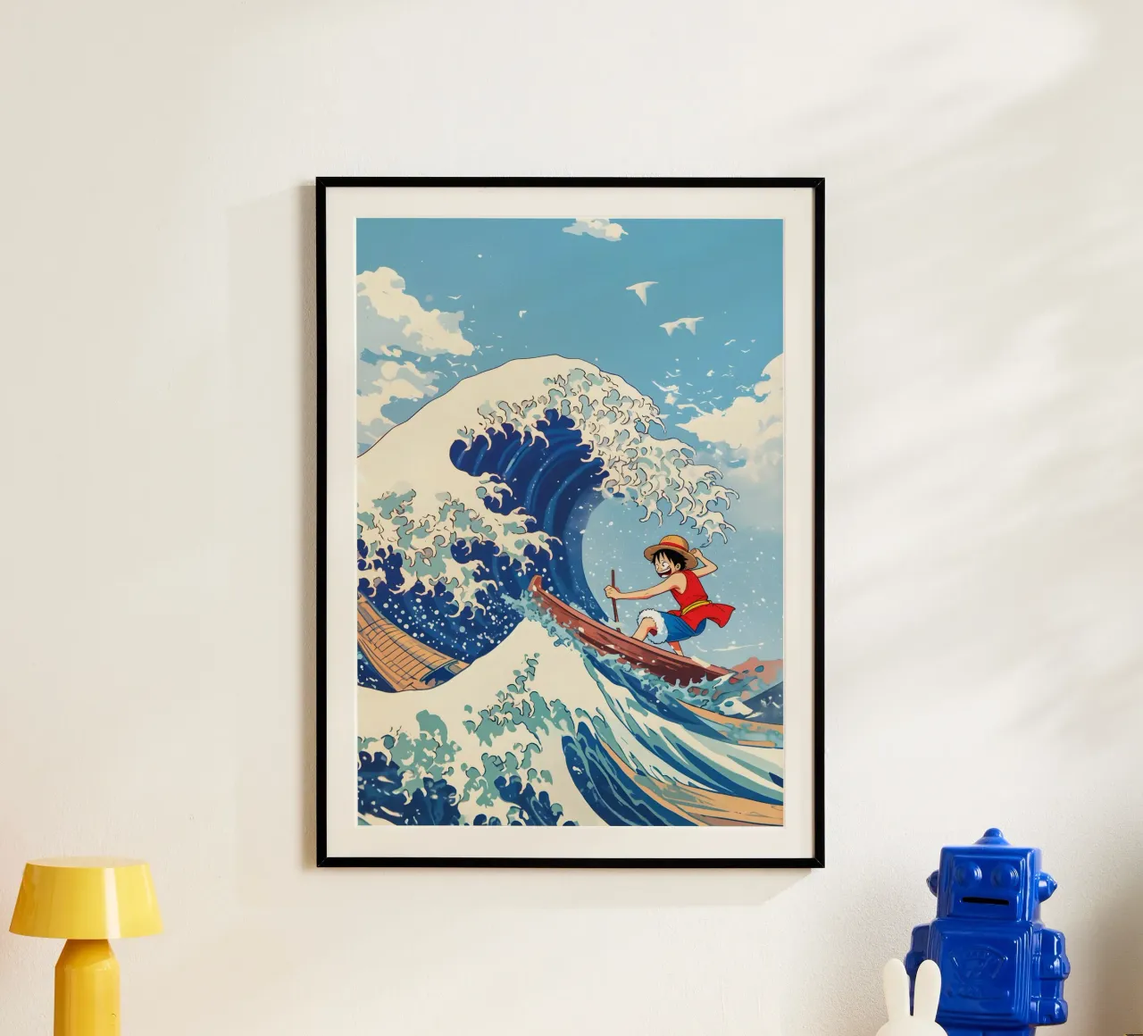 Luffy From One Piece surfing on The Great Wave off Kanagawa poster con telaio in alluminio da CreativeStudio