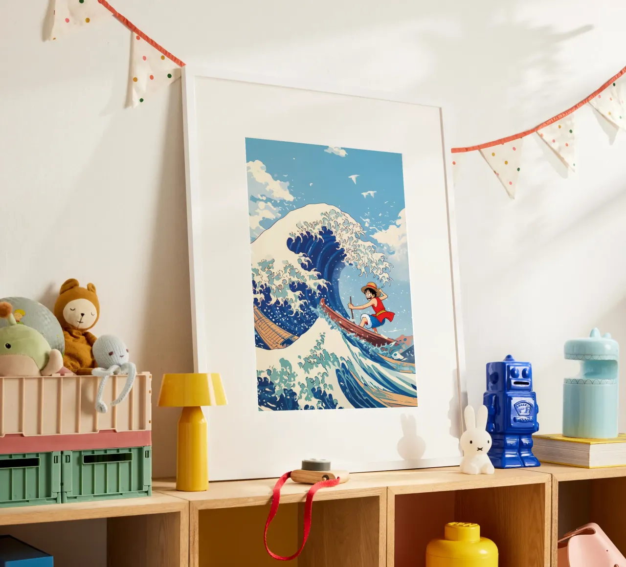Luffy From One Piece surfing on The Great Wave off Kanagawa poster con telaio in alluminio da CreativeStudio