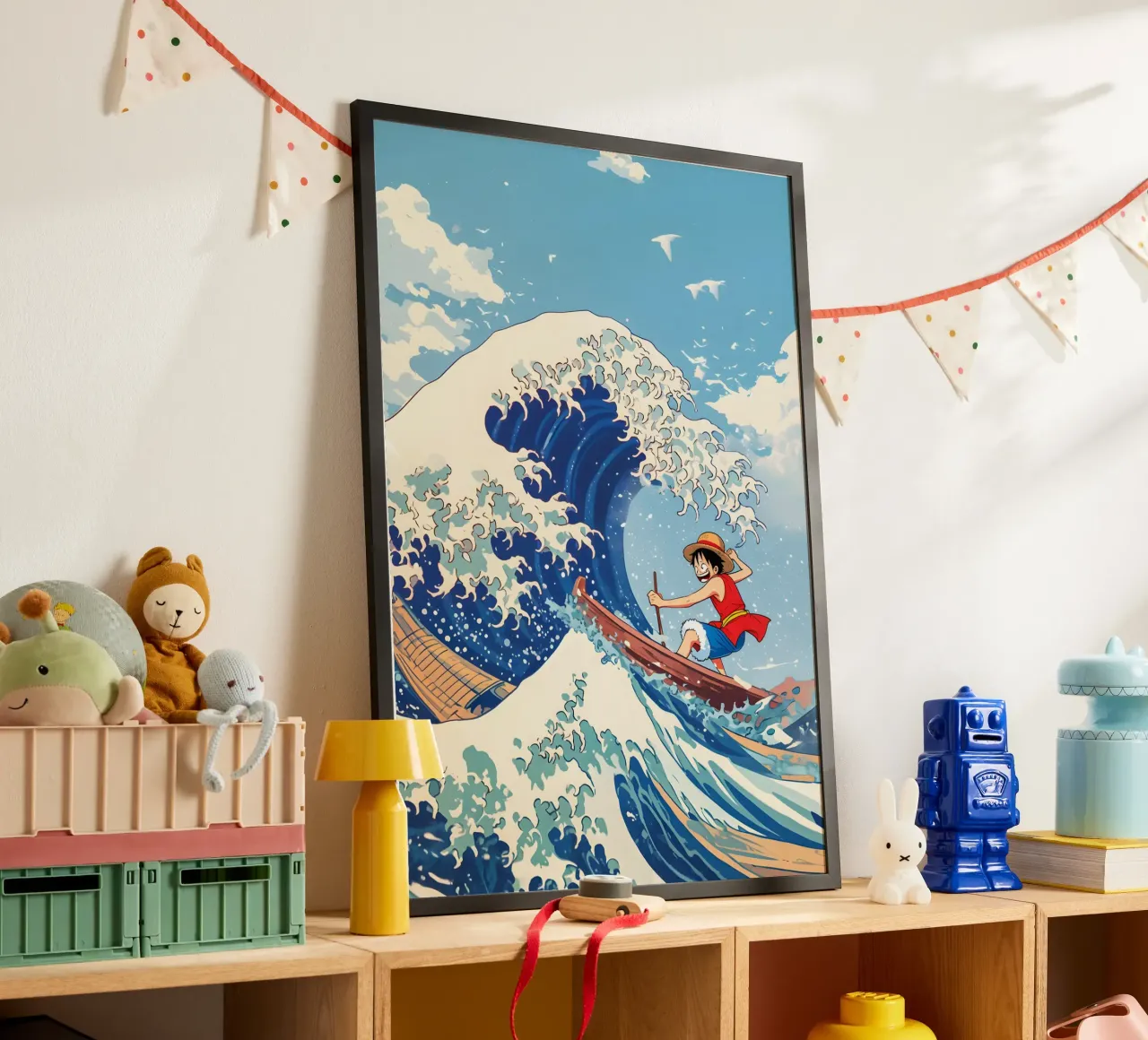 Luffy From One Piece surfing on The Great Wave off Kanagawa poster con telaio in alluminio da CreativeStudio