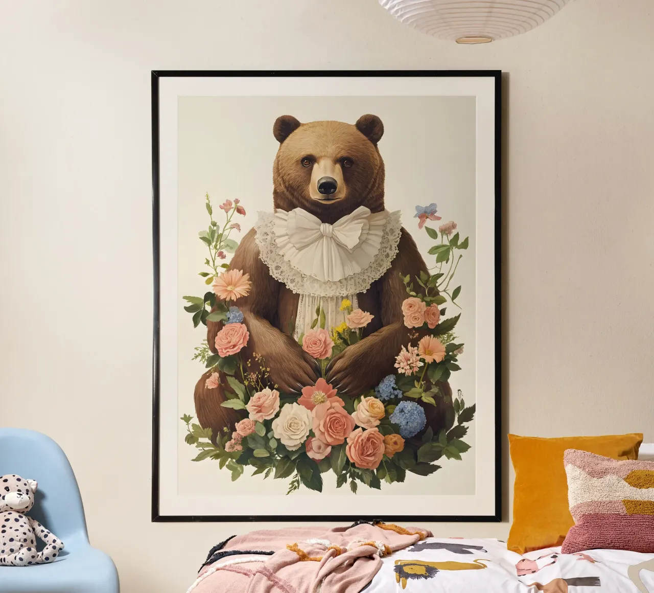 Orso vintage con fiori poster con telaio in alluminio da IamHomeStudio