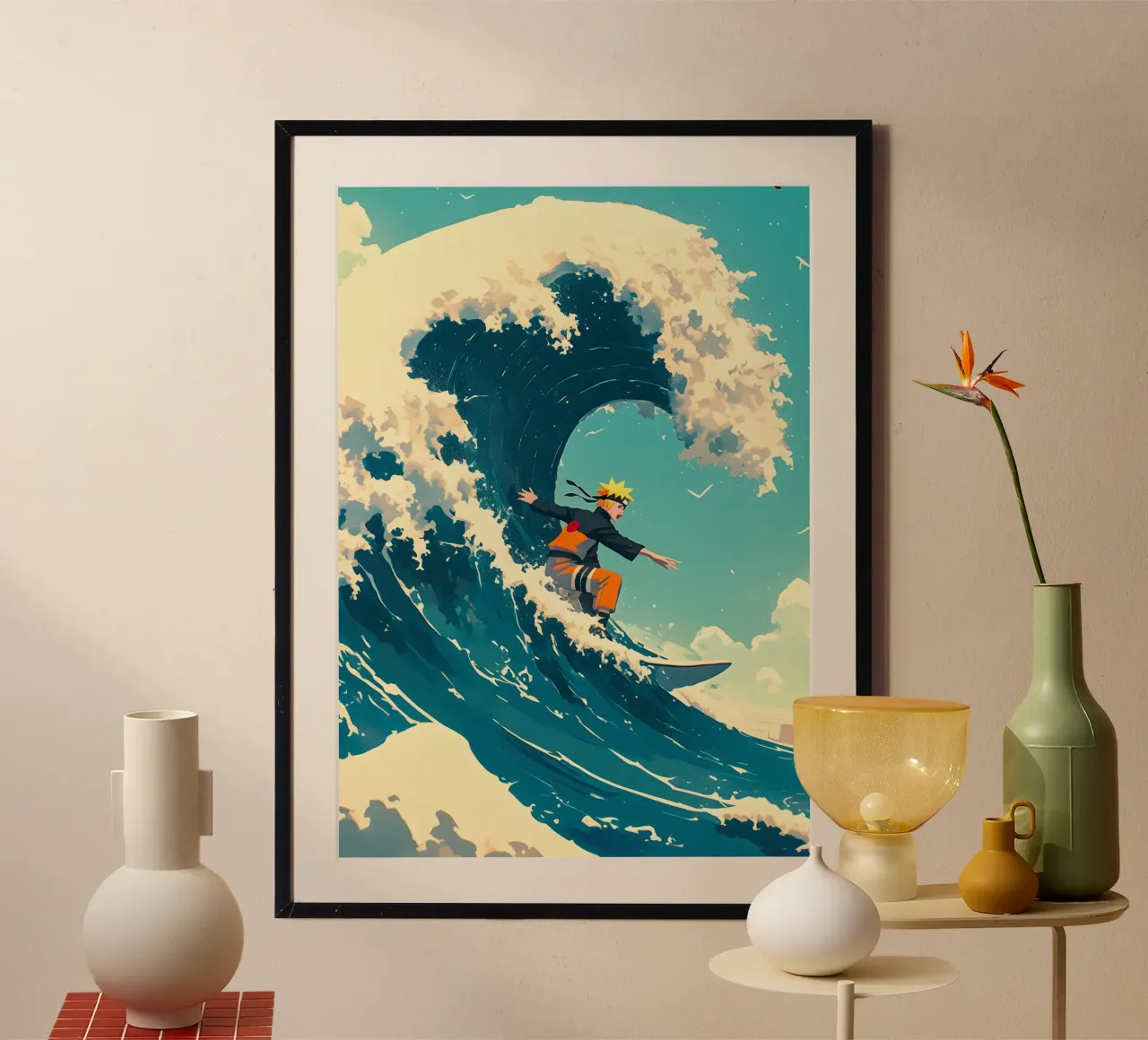 Naruto surfing on The Great Wave off Kanagawa poster con telaio in legno da CreativeStudio