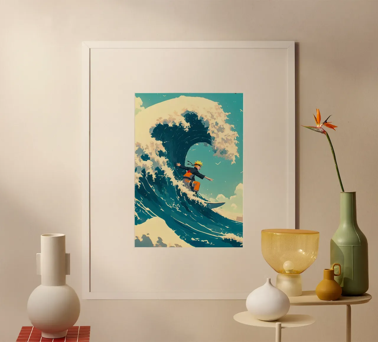 Naruto surfing on The Great Wave off Kanagawa poster con telaio in legno da CreativeStudio
