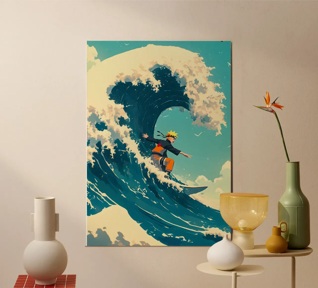 Naruto surfing on The Great Wave off Kanagawa poster con telaio in legno da CreativeStudio