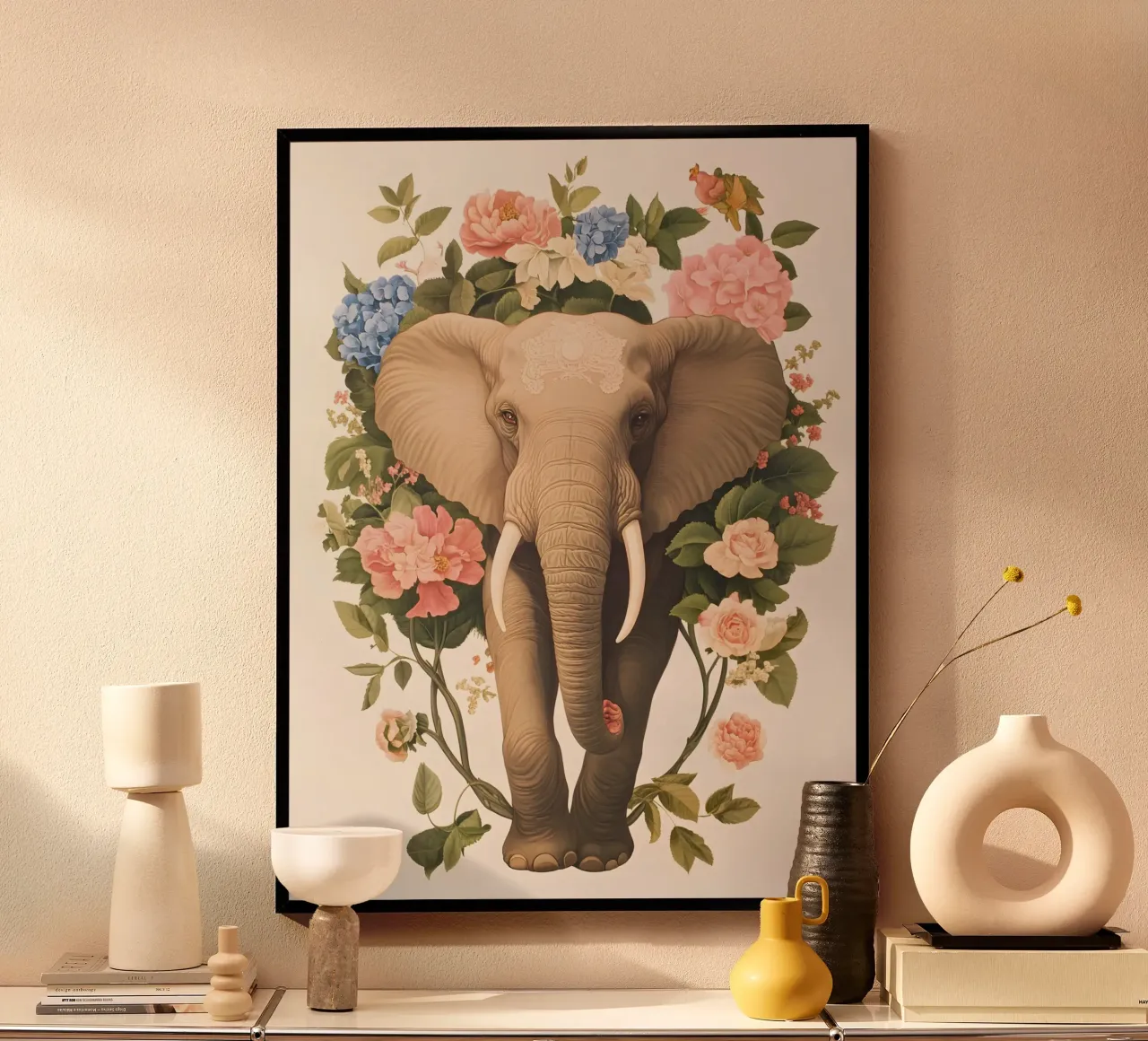 Elefante con fiori carta hahnemühle da IamHomeStudio