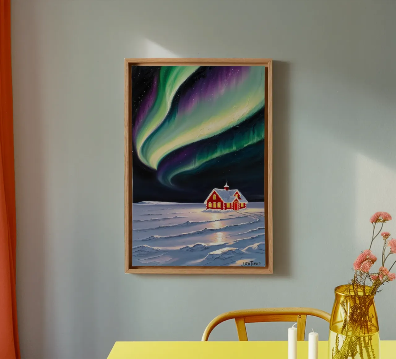 Kerstmannenhuis onder noorderlicht - Magisch winters tafereel canvas met Baklijst van AlbertKlee