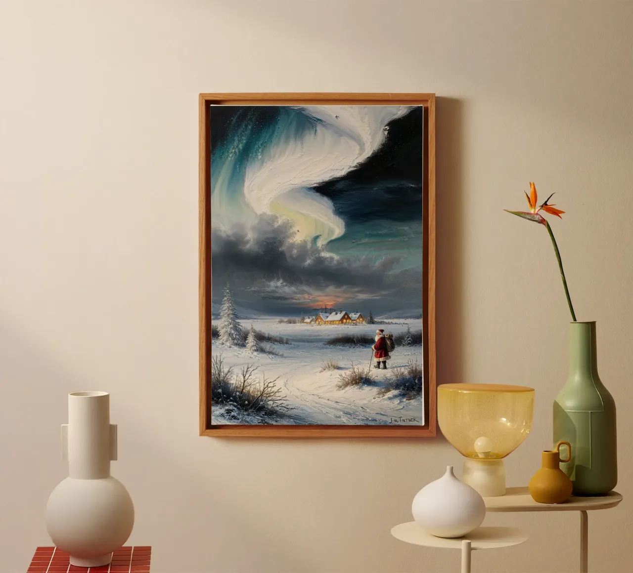 Kerstman wandelt naar een feestelijk dorp onder noorderlicht canvas met Baklijst van AlbertKlee