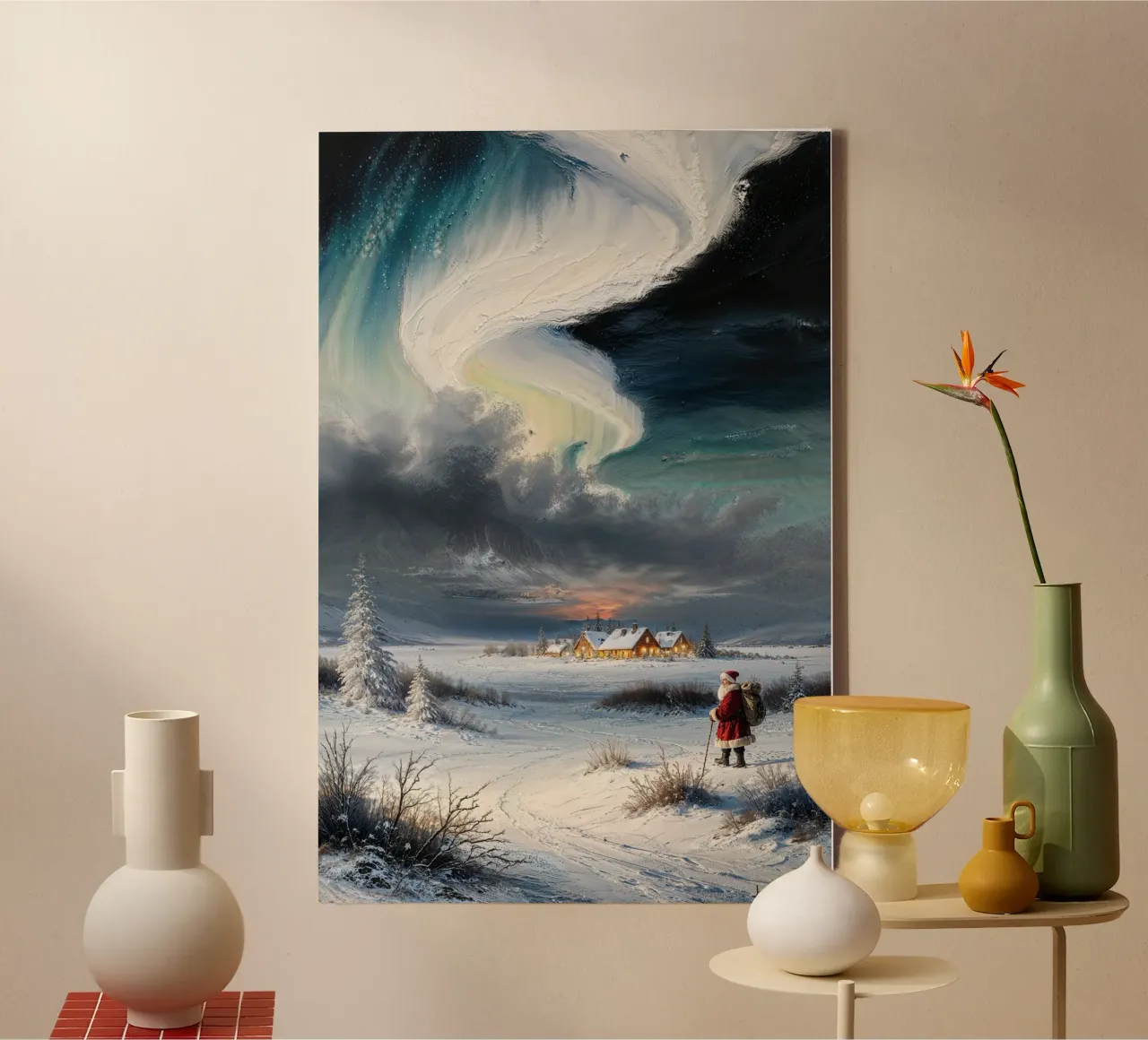 Kerstman wandelt naar een feestelijk dorp onder noorderlicht canvas met Baklijst van AlbertKlee