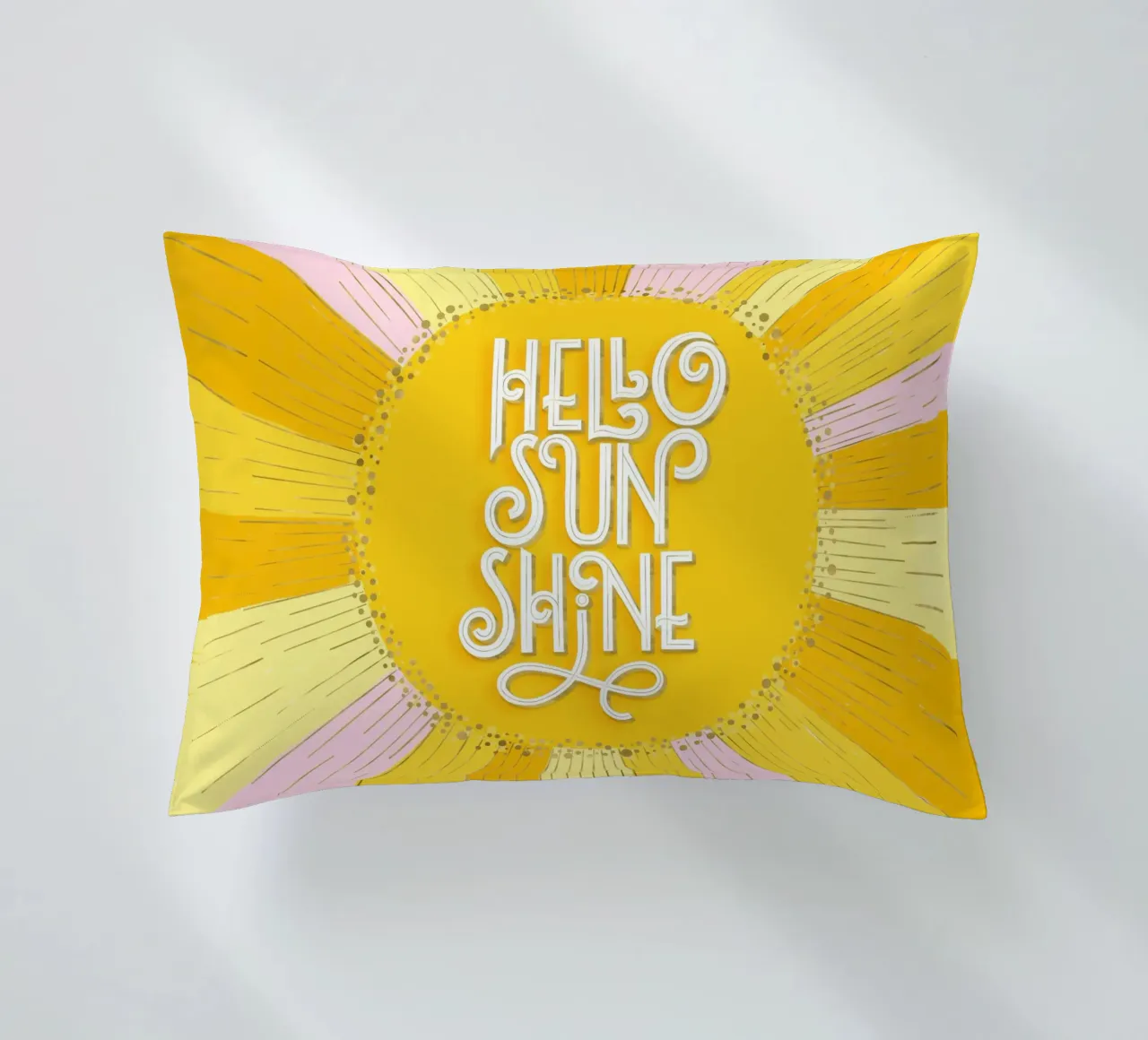 Hello Sunshine. Hand lettering on yellow, orange and pink decorative cushion by CalliLetters