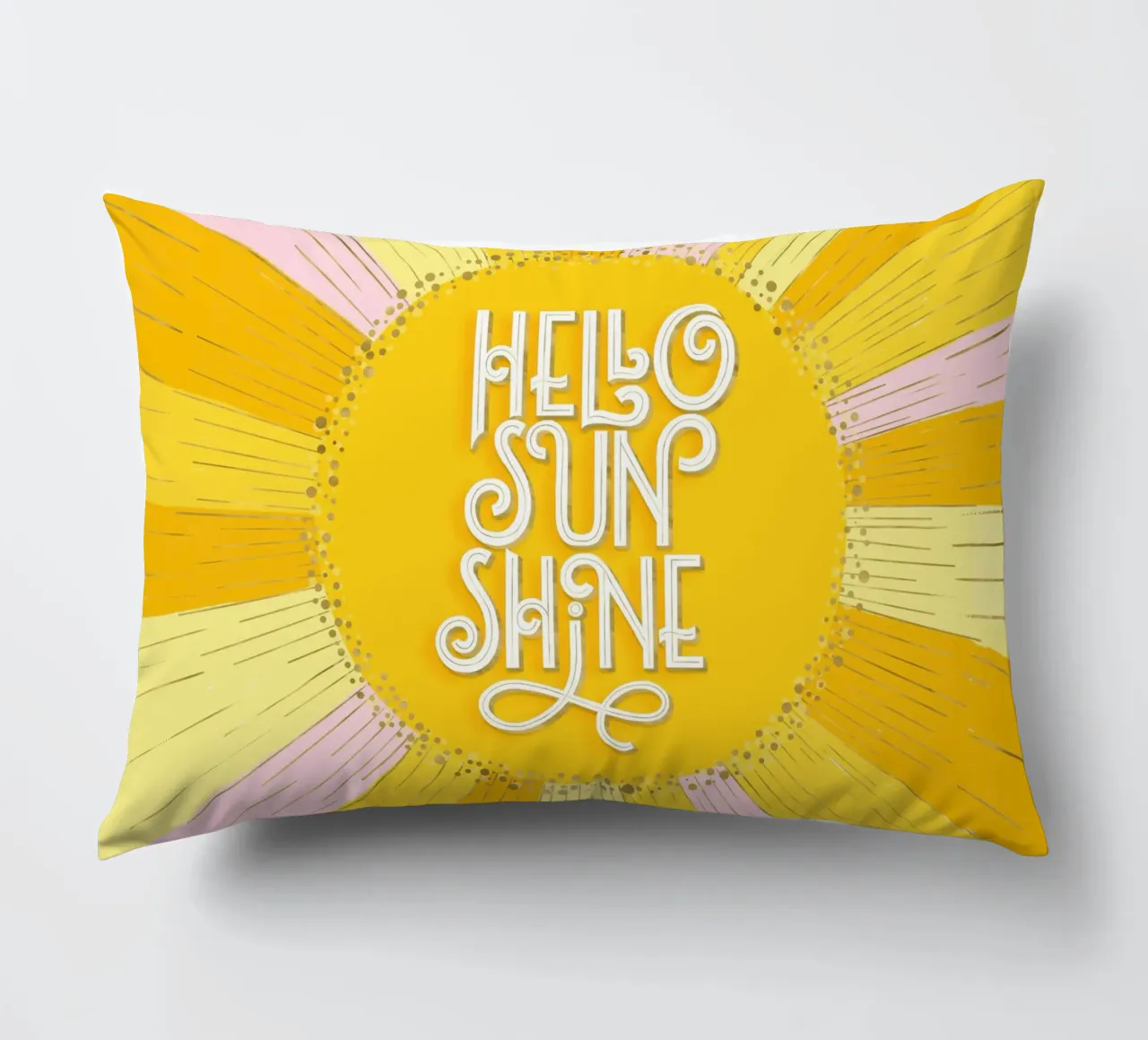 Hello Sunshine. Hand lettering on yellow, orange and pink decorative cushion by CalliLetters