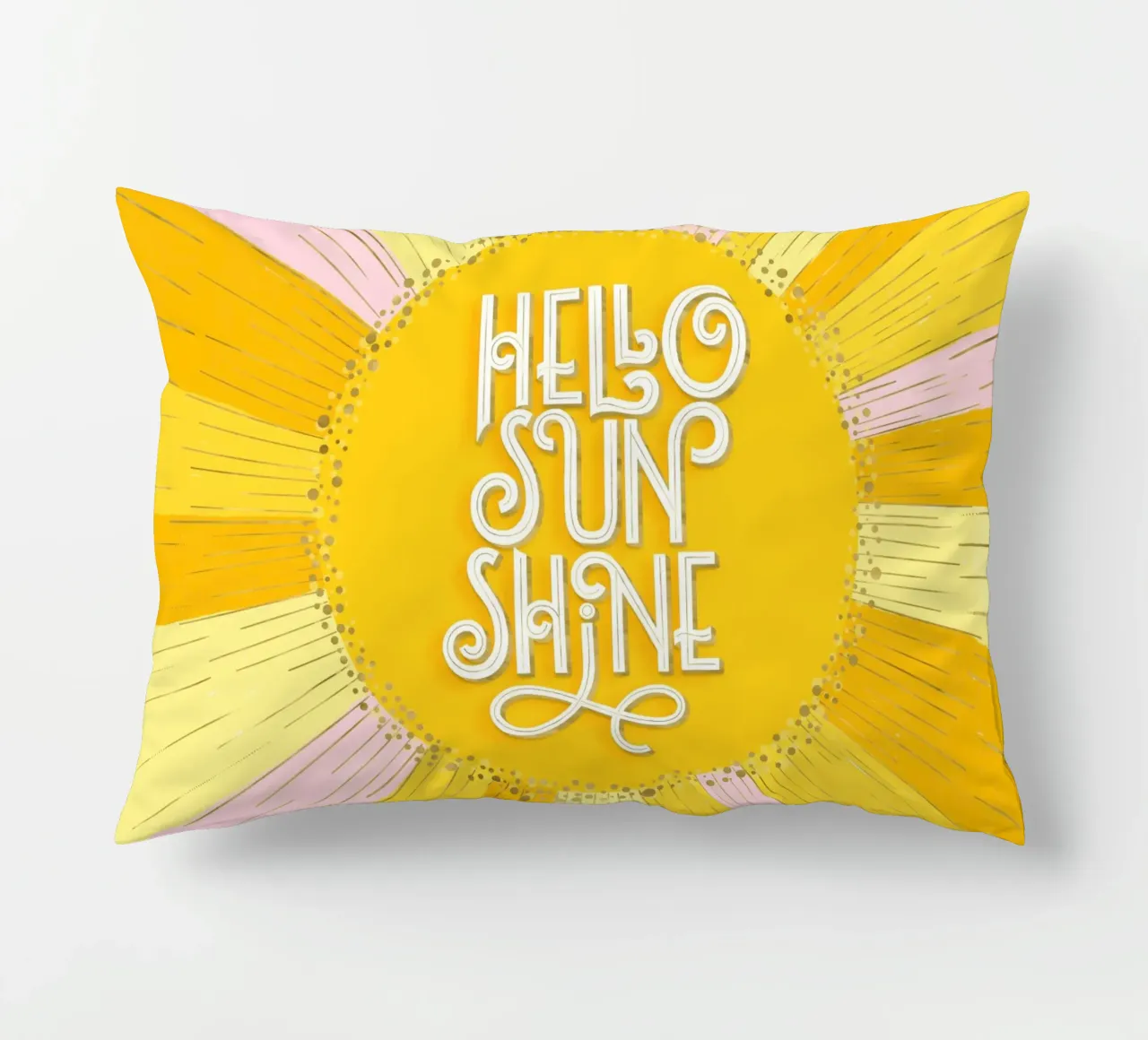 Hello Sunshine. Hand lettering on yellow, orange and pink decorative cushion by CalliLetters