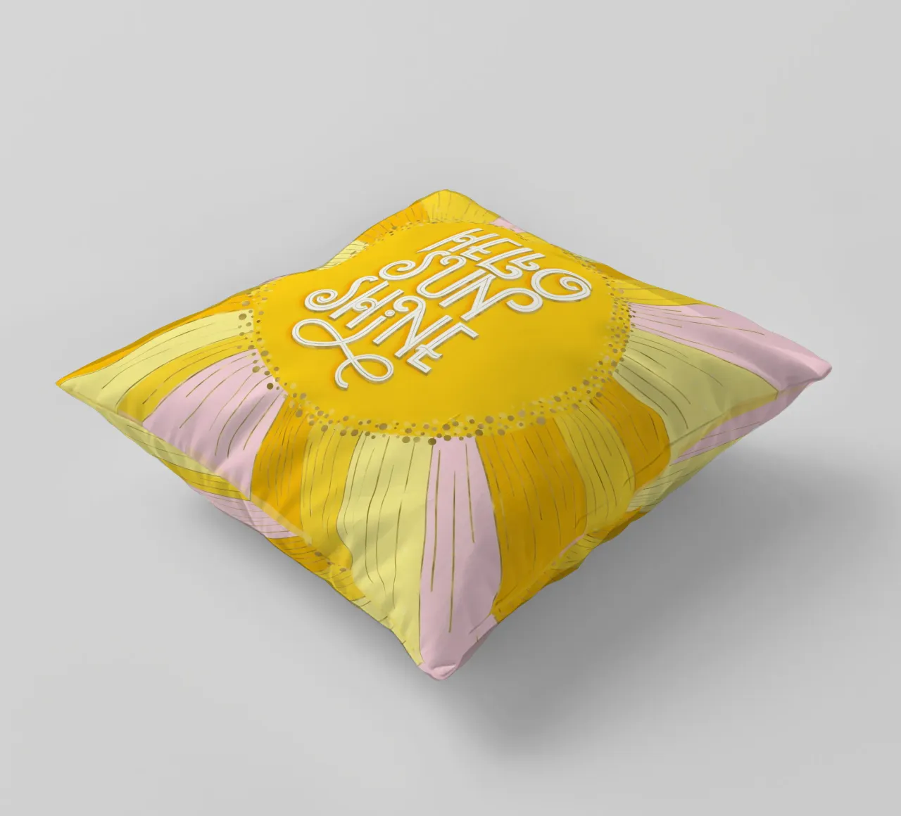 Hello Sunshine. Hand lettering on yellow, orange and pink decorative cushion by CalliLetters