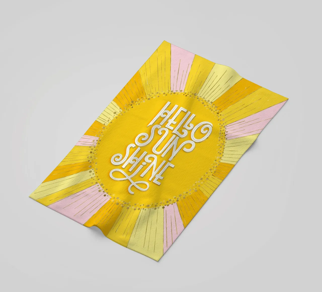 Hello Sunshine. Hand lettering on yellow, orange and pink beach towel by CalliLetters