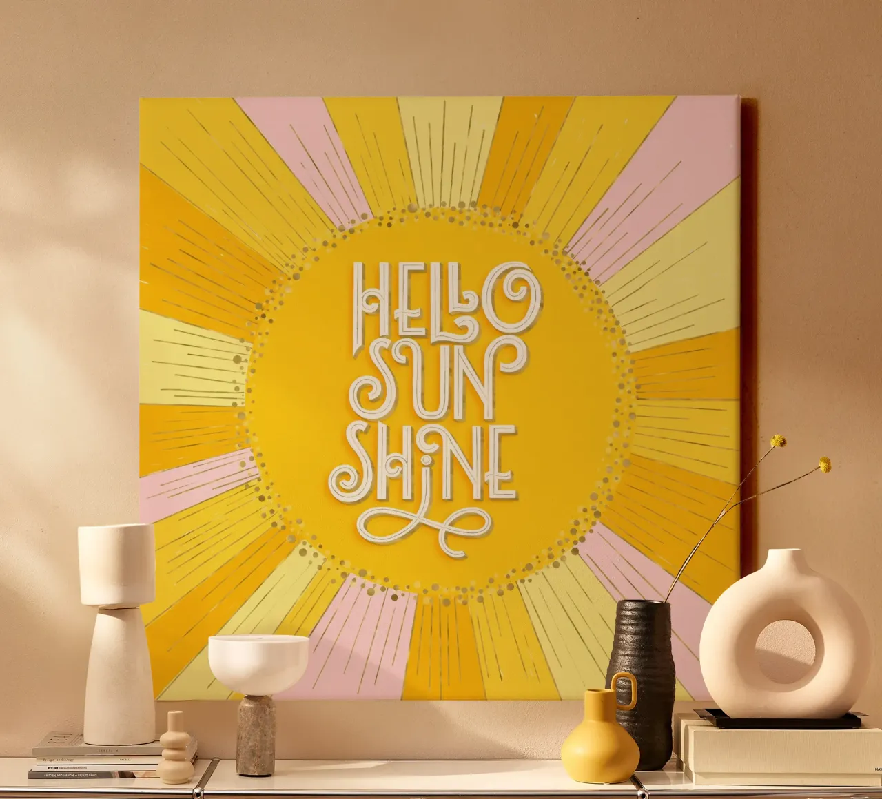 Hello Sunshine. Scrittura a mano su giallo, arancione e rosa tela con Cornice a cassetta da CalliLetters