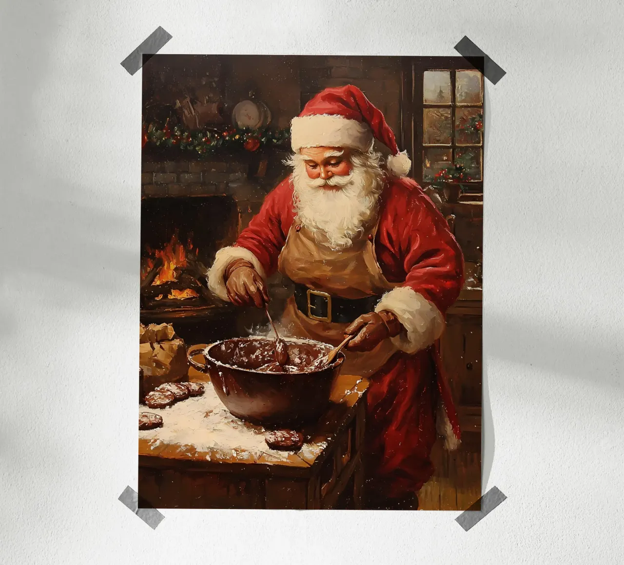 Babbo Natale che prepara i biscotti al cioccolato poster con telaio in plastica da IamHomeStudio