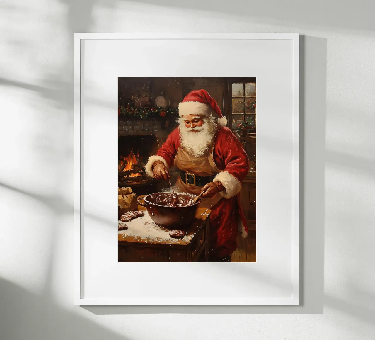 Babbo Natale che prepara i biscotti al cioccolato poster con telaio in plastica da IamHomeStudio