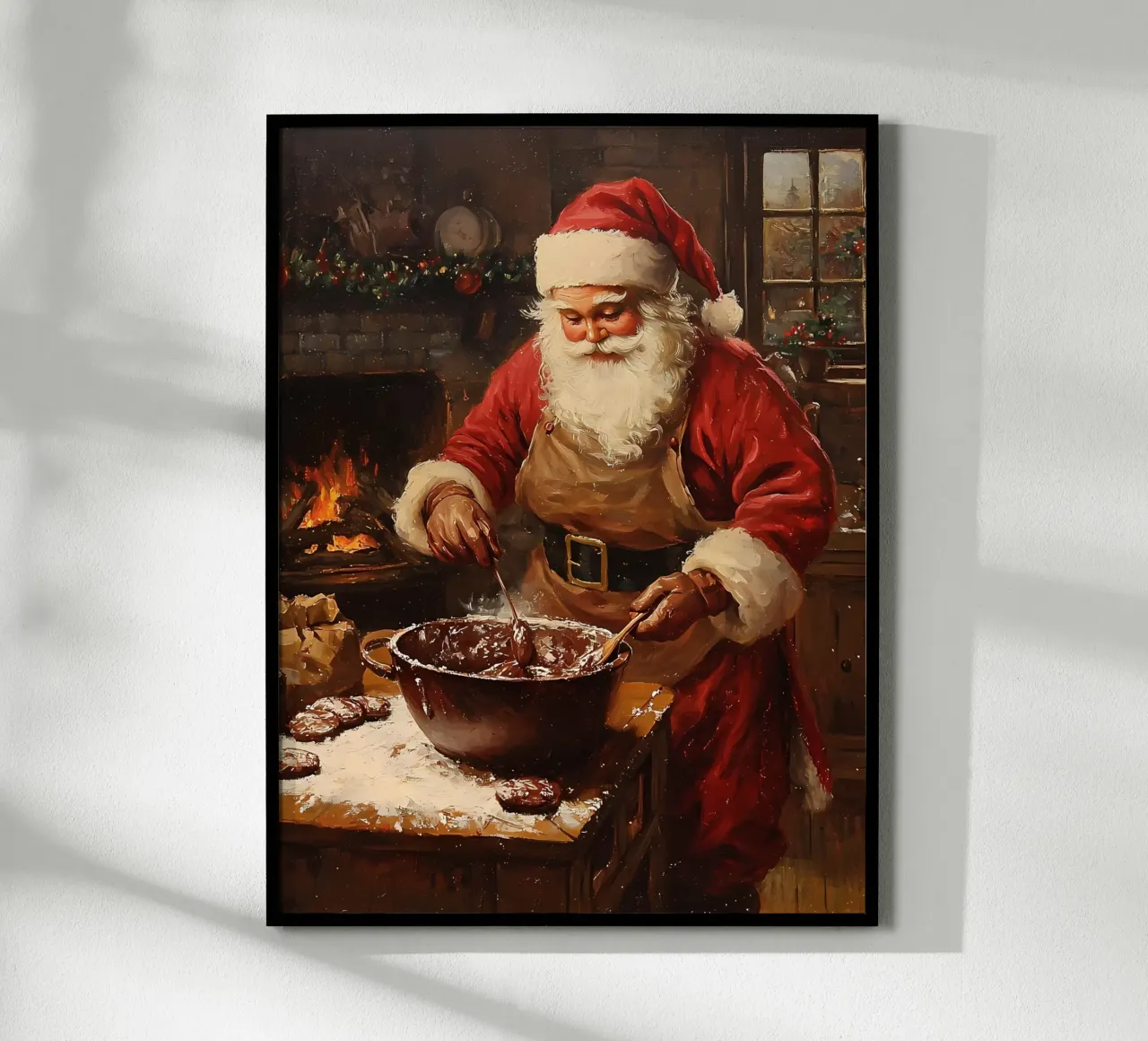 Babbo Natale che prepara i biscotti al cioccolato poster con telaio in plastica da IamHomeStudio